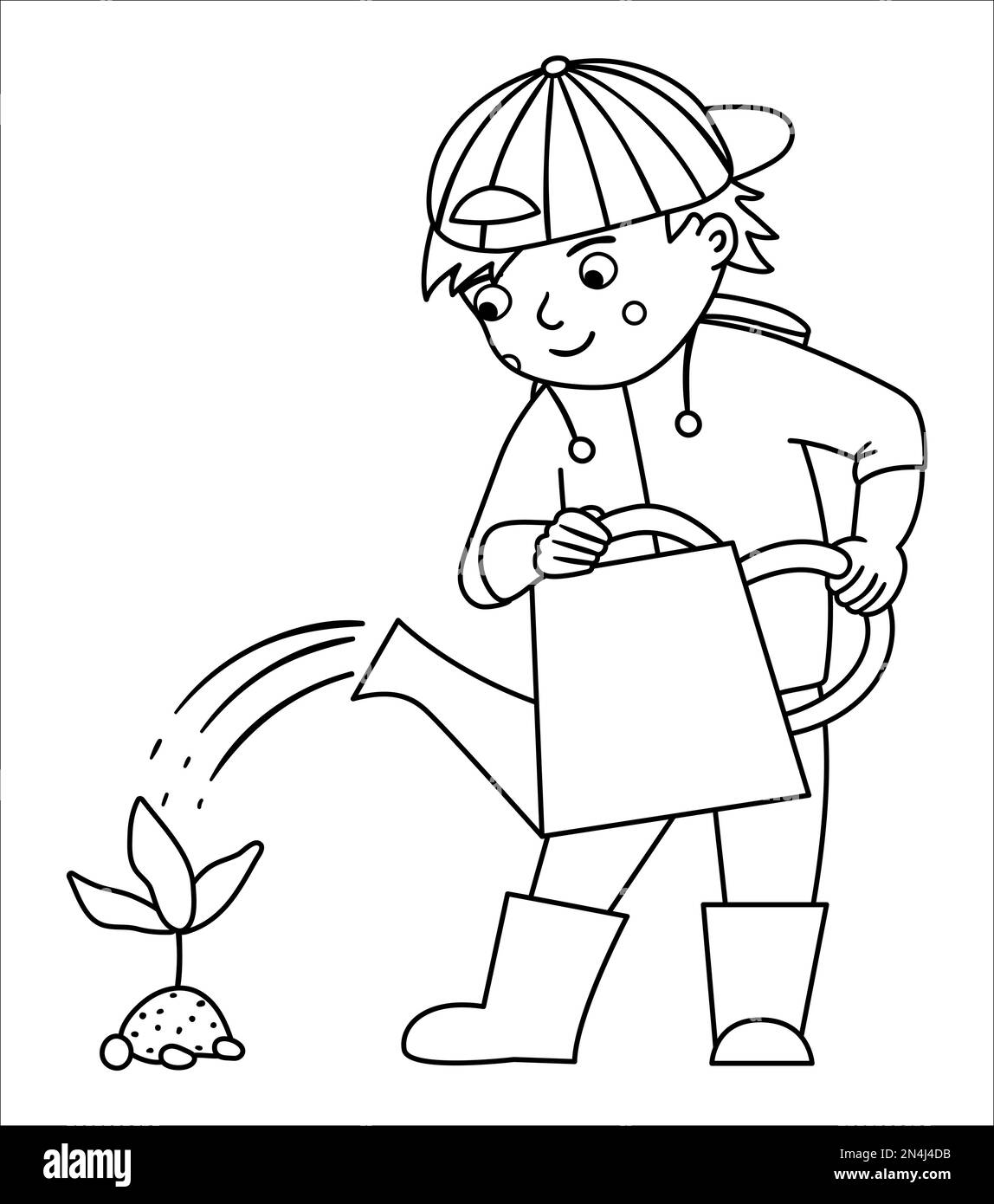 Vector black and white boy watering plant illustration. Cute outline ...