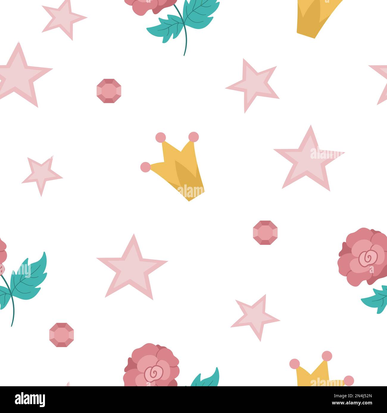 Vector seamless pattern with pink rose, stars, crowns, gems. Simple fairy tale princess repeat background. Girlish cartoon magic texture with fantasy Stock Vector