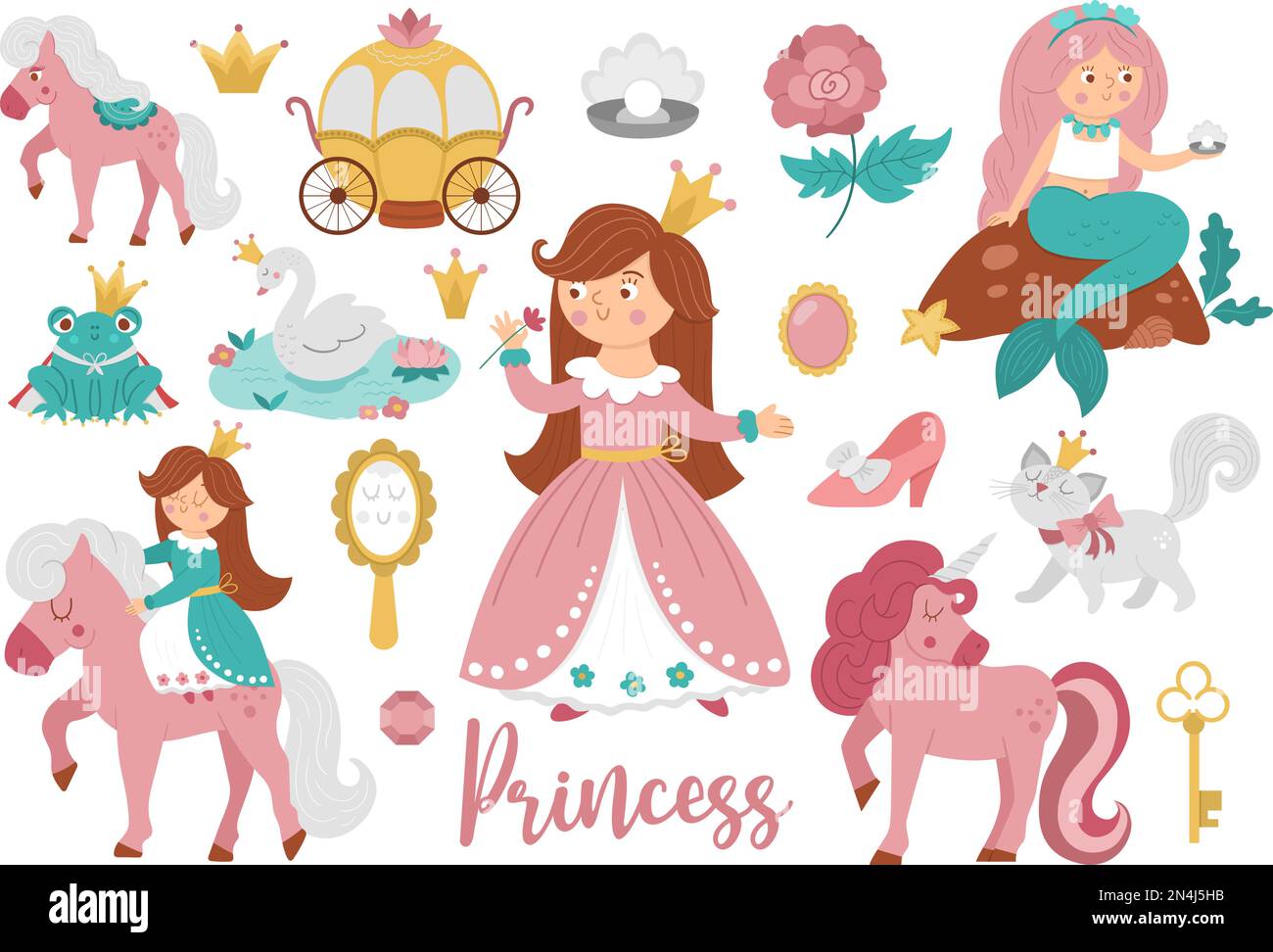 Fairy tale princess collection. Big vector set of fantasy girl, carriage, mermaid, unicorn frog prince, swan. Medieval fairytale maid pack. Girlish ca Stock Vector
