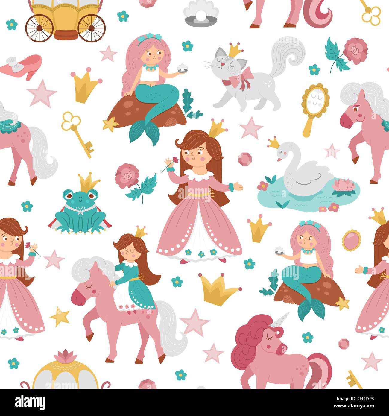 Fairy tale princess seamless pattern. Repeat background with fantasy girl, carriage, mermaid, unicorn frog prince, swan. Medieval fairytale maid digit Stock Vector