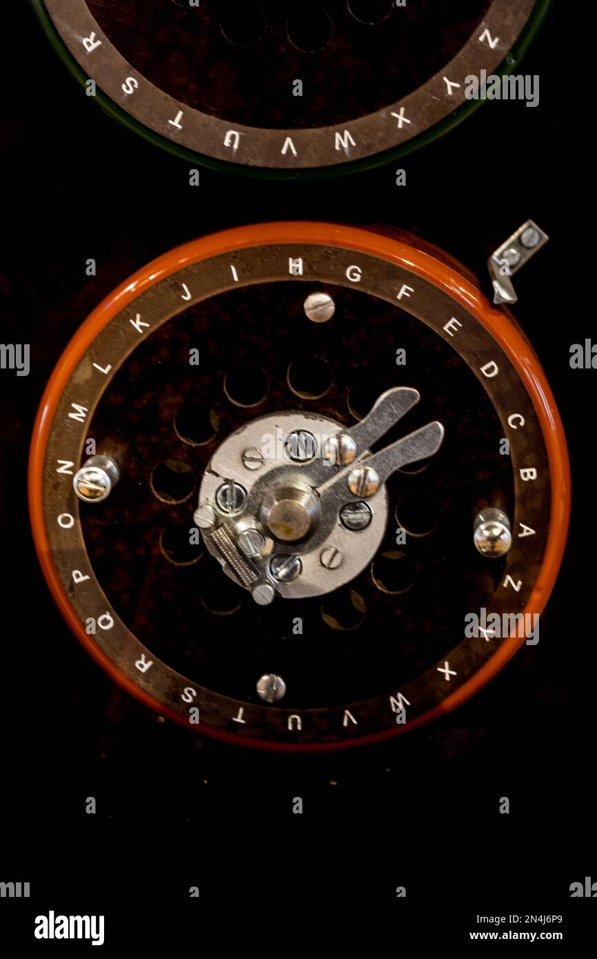 Indicator dials from the famous 'Bombe' machine at Bletchley Park used for deciphering German encrypted 'Enigma' messages. Stock Photo