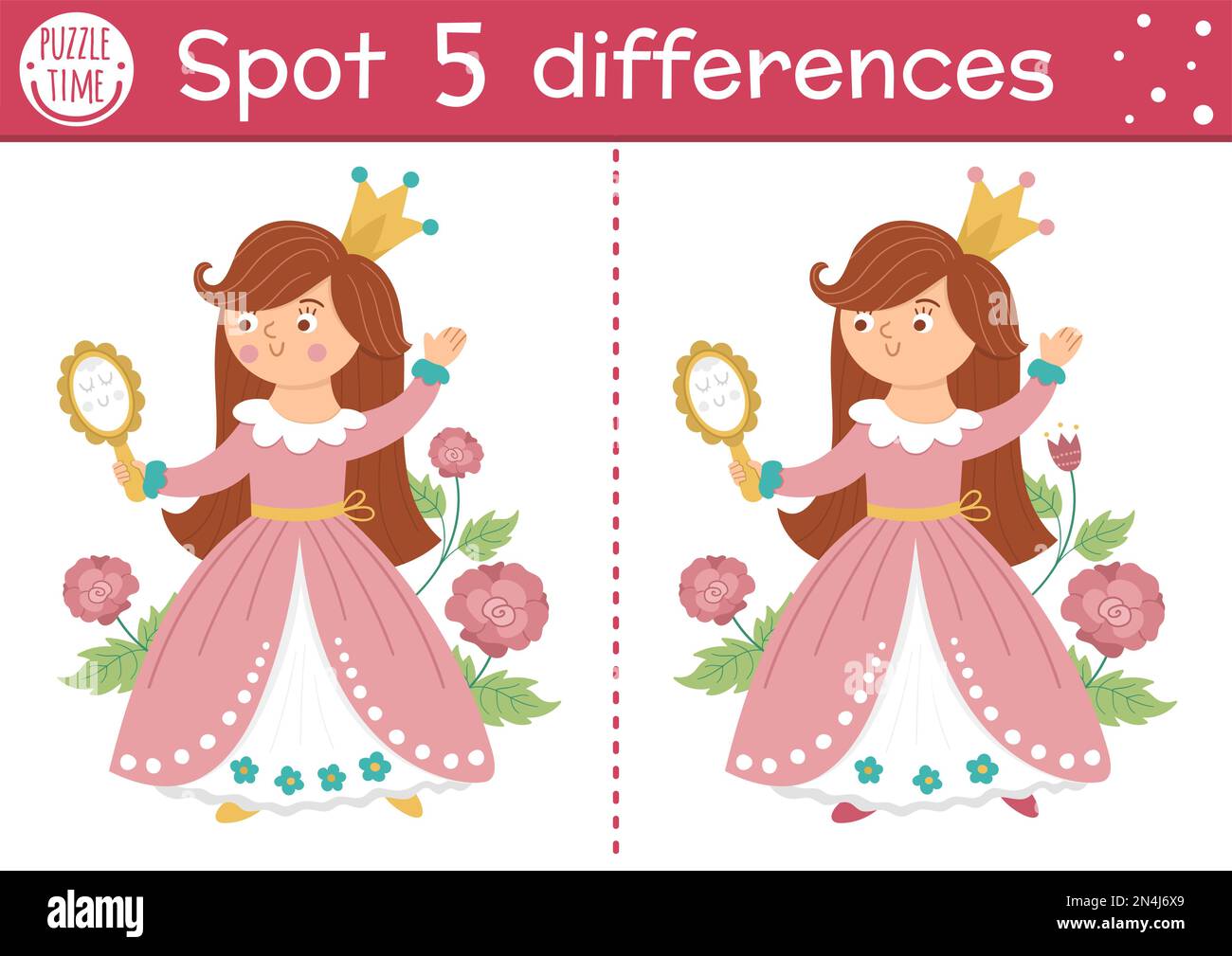 Find differences game for children. Fairytale educational activity with cute princess and mirror. Magic kingdom puzzle for kids with fantasy character Stock Vector