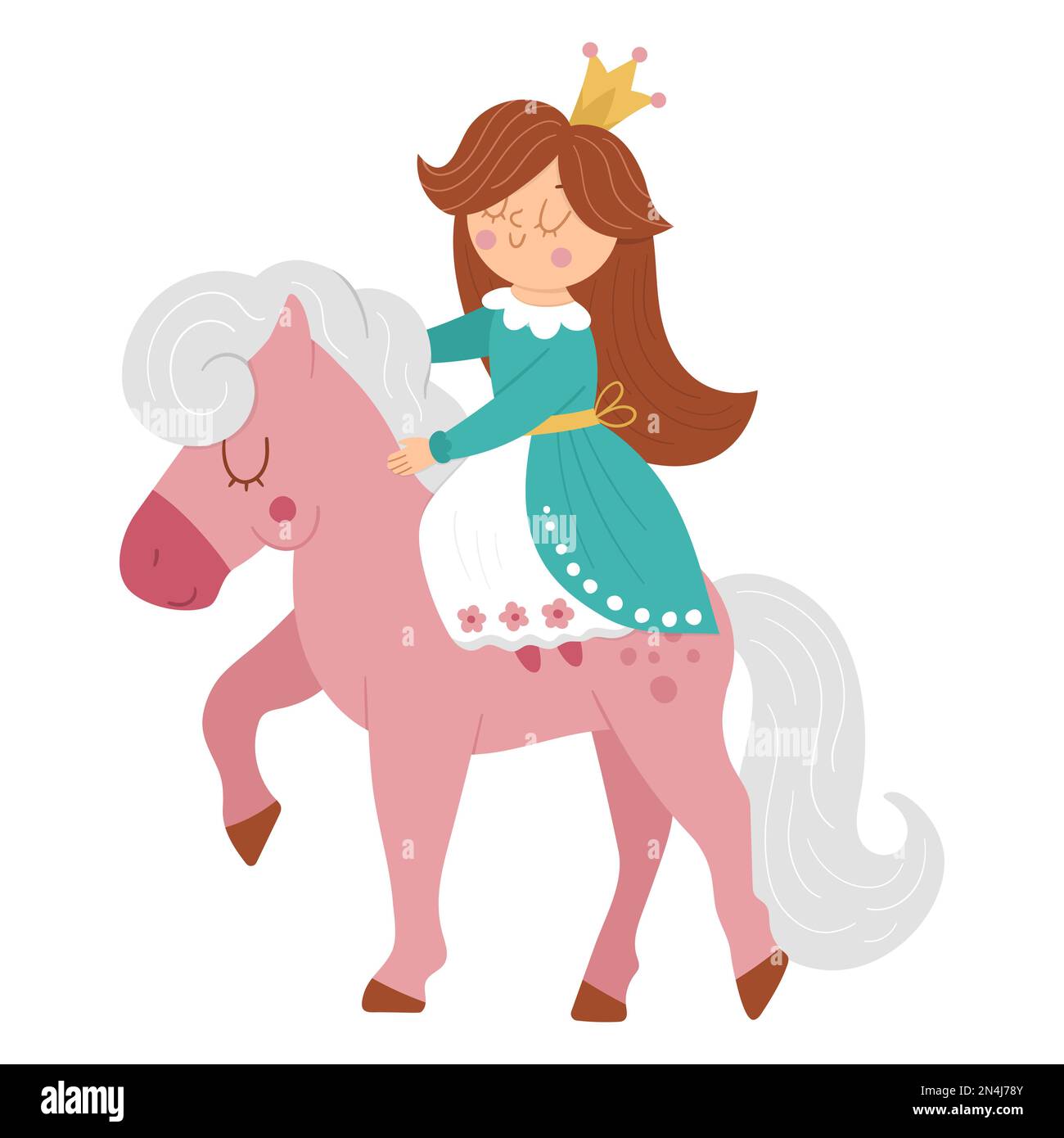 Fairy tale vector princess riding a pink horse. Fantasy girl in crown isolated on white background. Medieval fairytale maid. Girlish cartoon magic ico Stock Vector