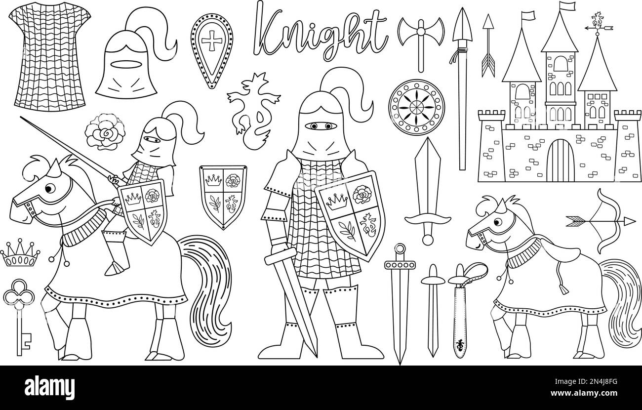 Fairy tale black and white knight armor collection. Big vector line set with fantasy armored warrior and castle. Fairytale soldier pack or coloring pa Stock Vector