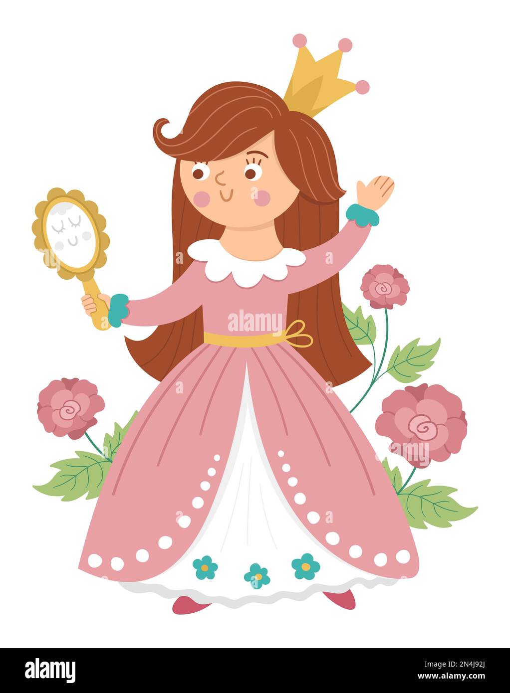 Fairy tale vector princess with mirror and roses. Fantasy girl in crown isolated on white background. Medieval fairytale maid in pink dress. Girlish c Stock Vector