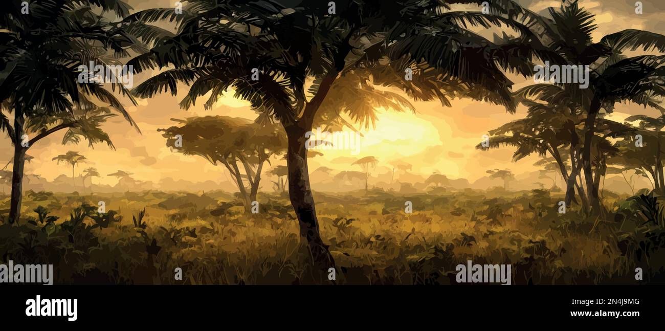 Wild savanna landscape. Savannah, African wild nature with acacia trees, grass, sand and water