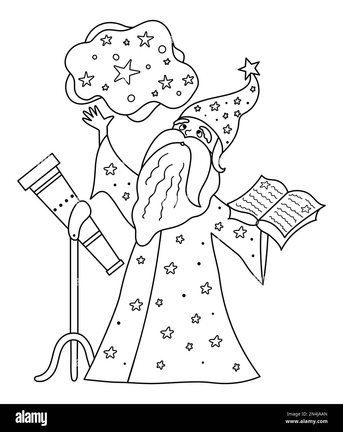 Fairy tale black and white vector stargazer with telescope holding spell book. Fantasy line wizard in tall hat. Fairytale astrologist coloring page. C Stock Vector