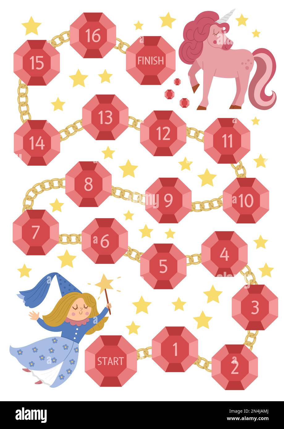 Fairytale dice board game for children with fairy, gems, golden chains, unicorn. Magic kingdom