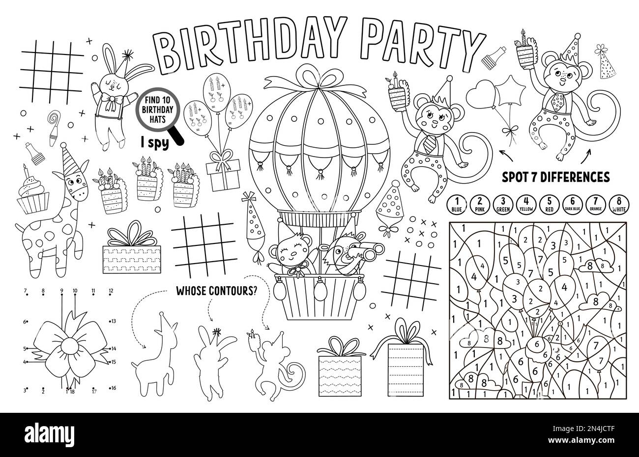 Vector Happy Birthday placemat for kids. Holiday party printable activity mat with maze, tic tac toe charts, connect the dots, find difference. Black Stock Vector