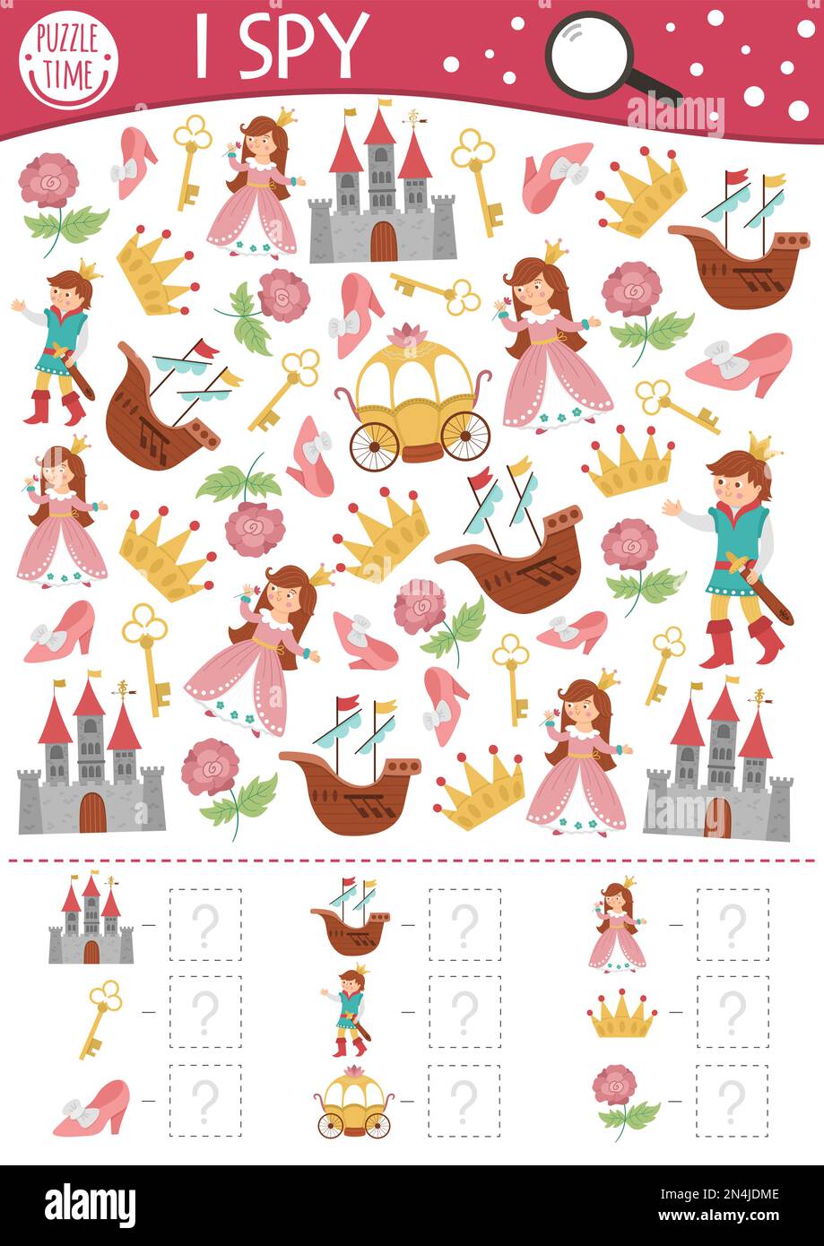 Fairytale fantasy I spy game for kids. Searching and counting activity with castle, princess, prince. Magic kingdom printable worksheet for preschool Stock Vector