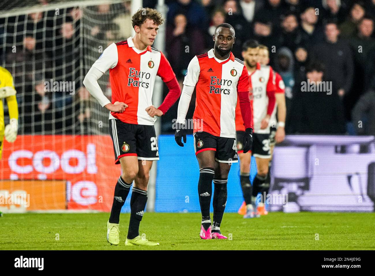 Rotterdam - Lutsharel Geertruida of Feyenoord reacts to the 0-2 during the match between Feyenoord v NEC Nijmegen at Stadion Feijenoord De Kuip on 8 February 2023 in Rotterdam, Netherlands. (Box to Box Pictures/Tom Bode) Stock Photo