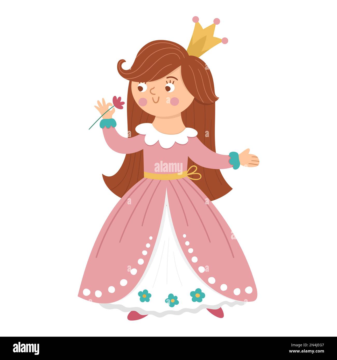 Fairy tale vector princess smelling flower. Fantasy girl in crown isolated on white background. Medieval fairytale maid in pink dress. Girlish cartoon Stock Vector