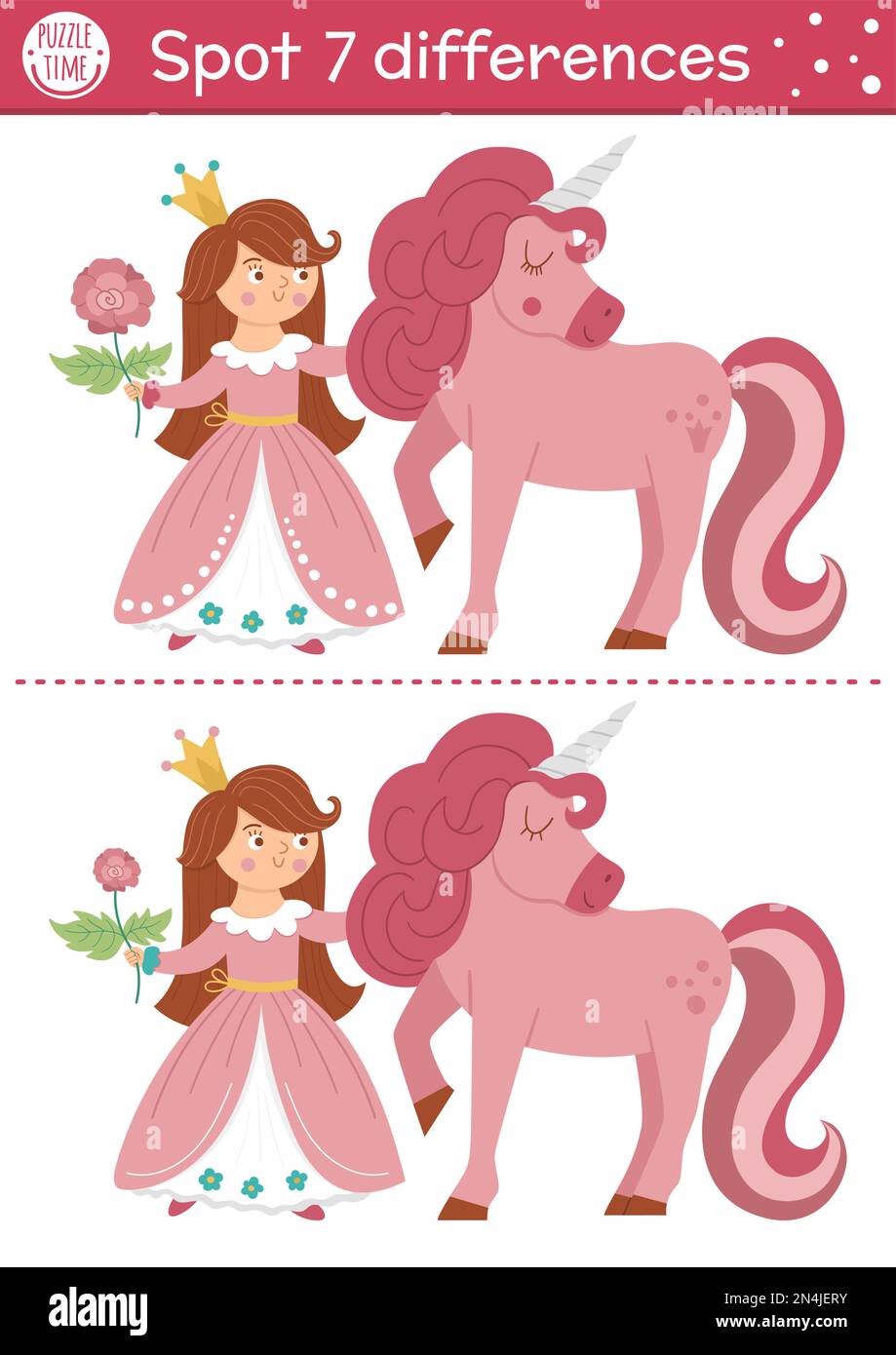 Find differences game for children. Fairytale educational activity with cute princess and unicorn. Magic kingdom puzzle for kids with fantasy characte Stock Vector