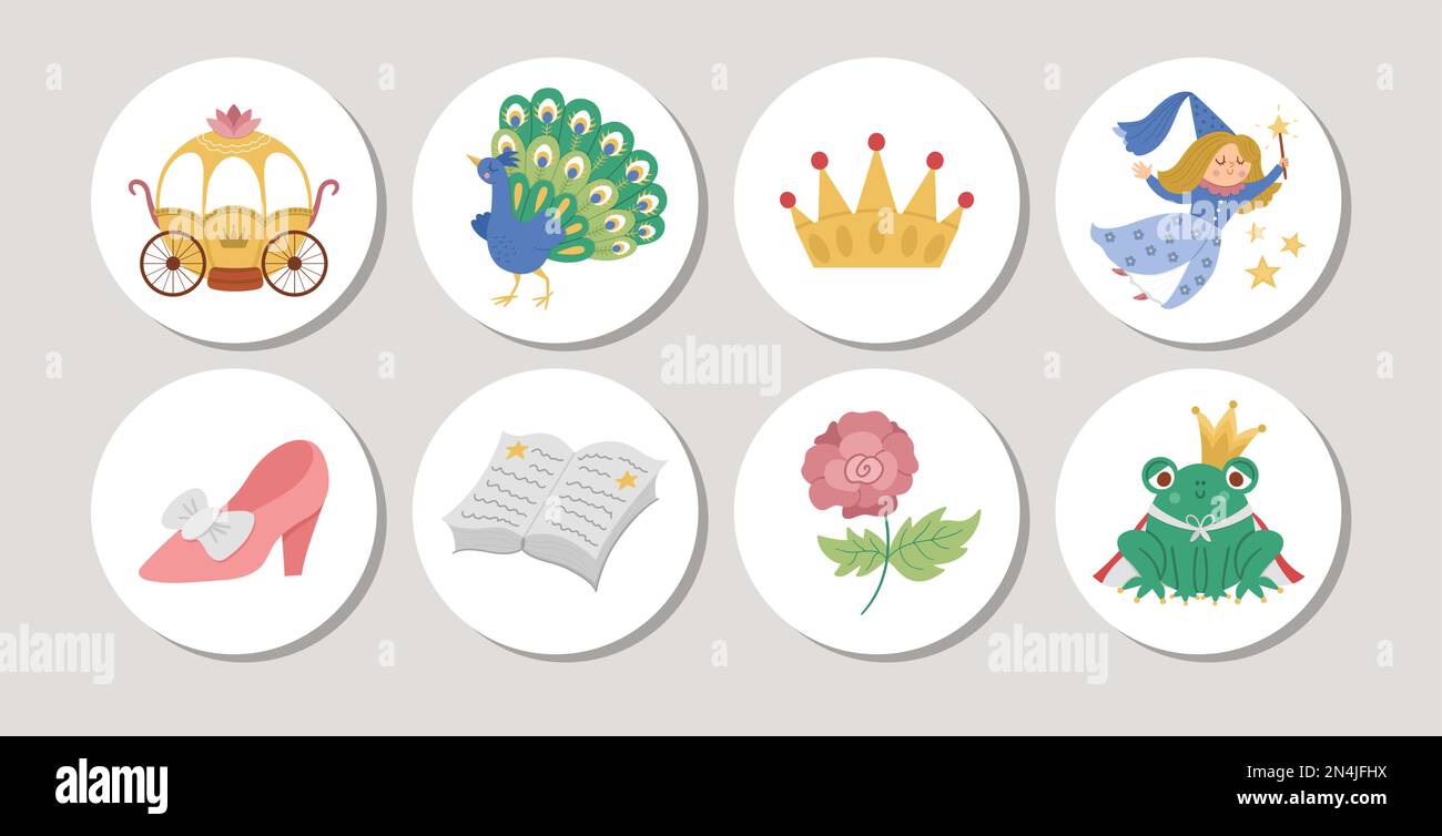 Cute set of Fairytale round cards with princess objects. Vector fairy tale highlight icons collection with shoe, carriage, peacock, storybook, frog pr Stock Vector