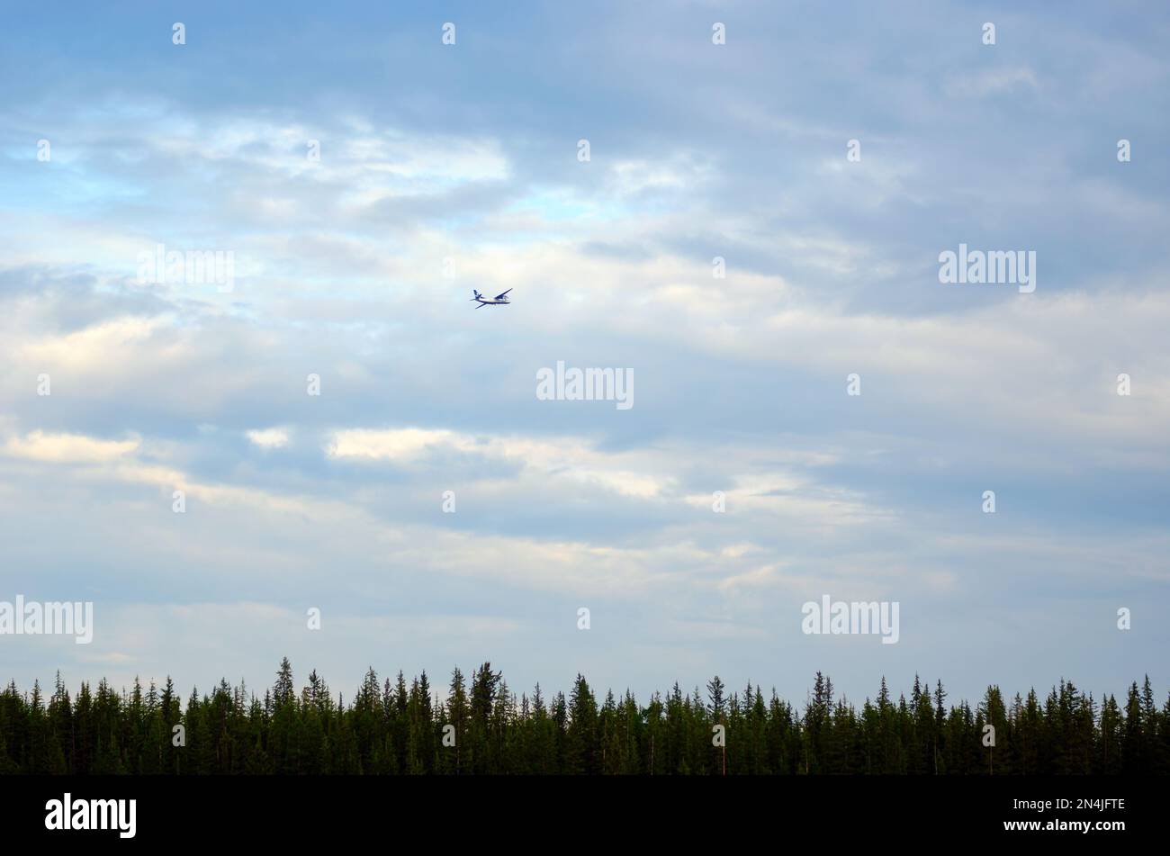 Passenger plane takes off in the sky over a strip of spruce taiga in the far North of Yakutia. Stock Photo