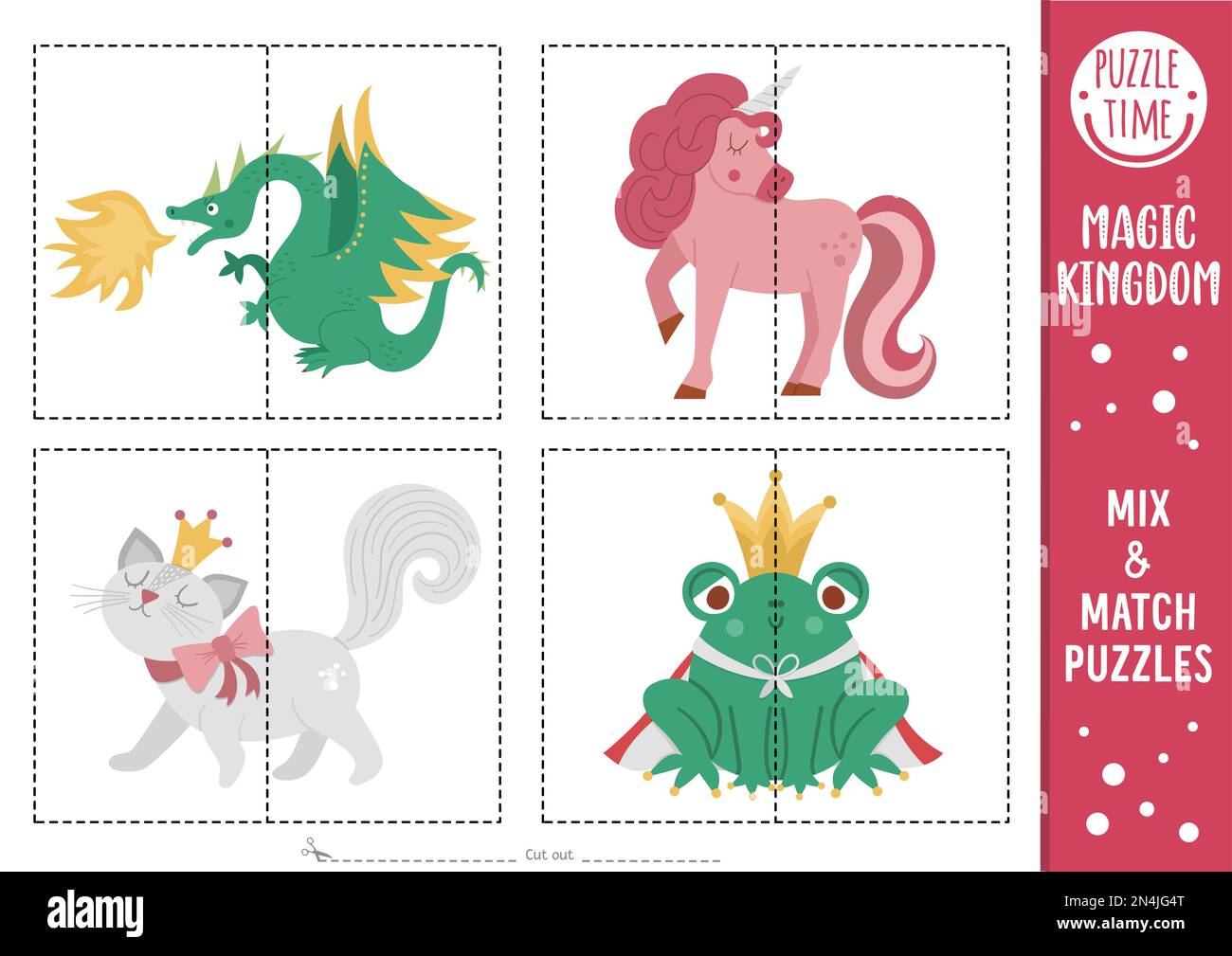 Vector fairytale mix and match puzzle with dragon, unicorn, cat in crown, frog prince. Matching magic kingdom activity for preschool kids. Educational Stock Vector