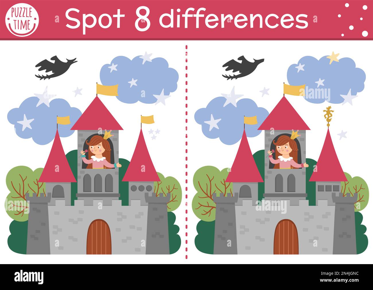 Find differences game for children. Fairytale educational activity with cute princess in the castle. Magic kingdom puzzle for kids with fantasy charac Stock Vector