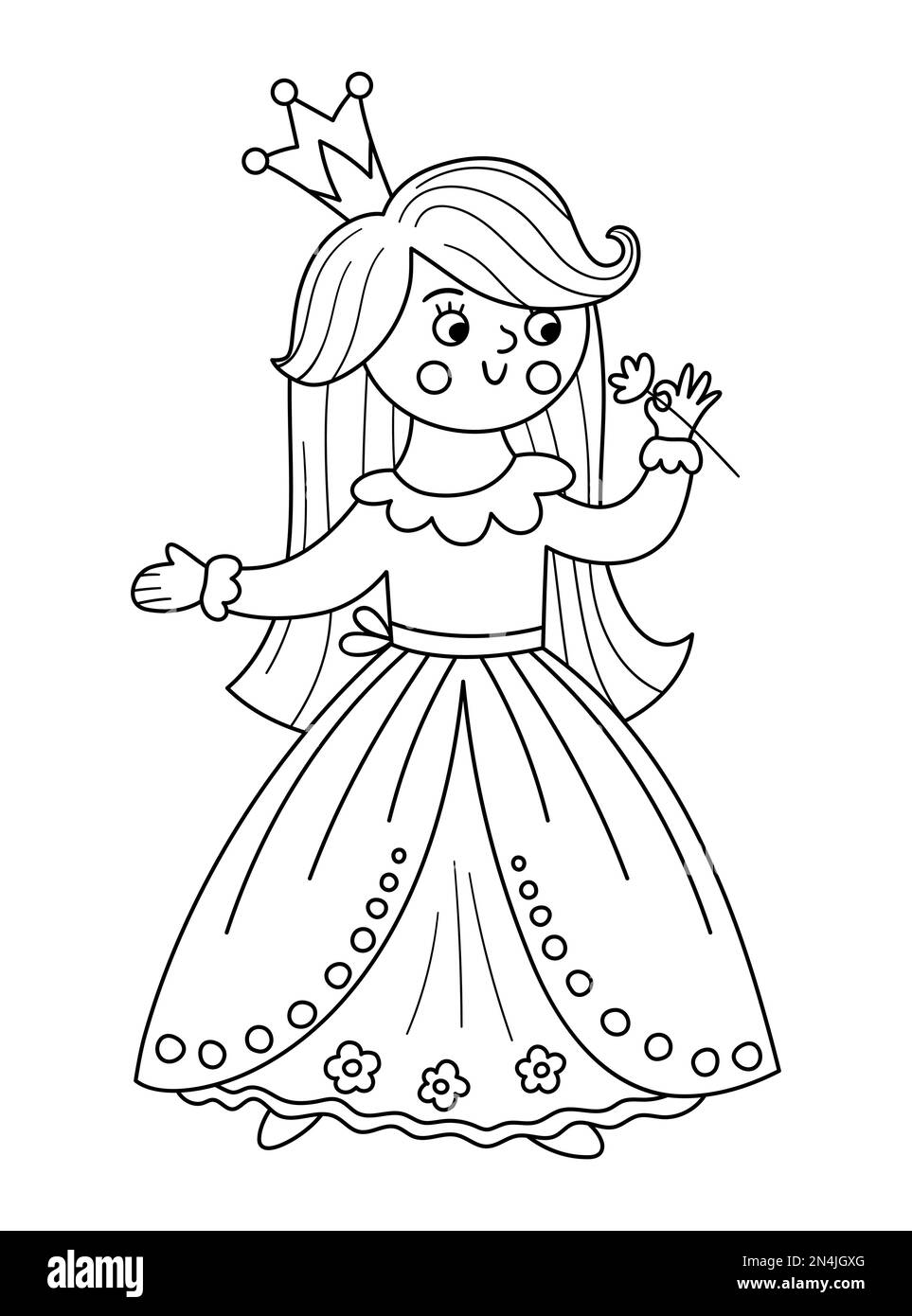 Fairy tale black and white vector princess smelling flower. Fantasy line girl in crown. Medieval fairytale maid coloring page. Girlish cartoon magic i Stock Vector