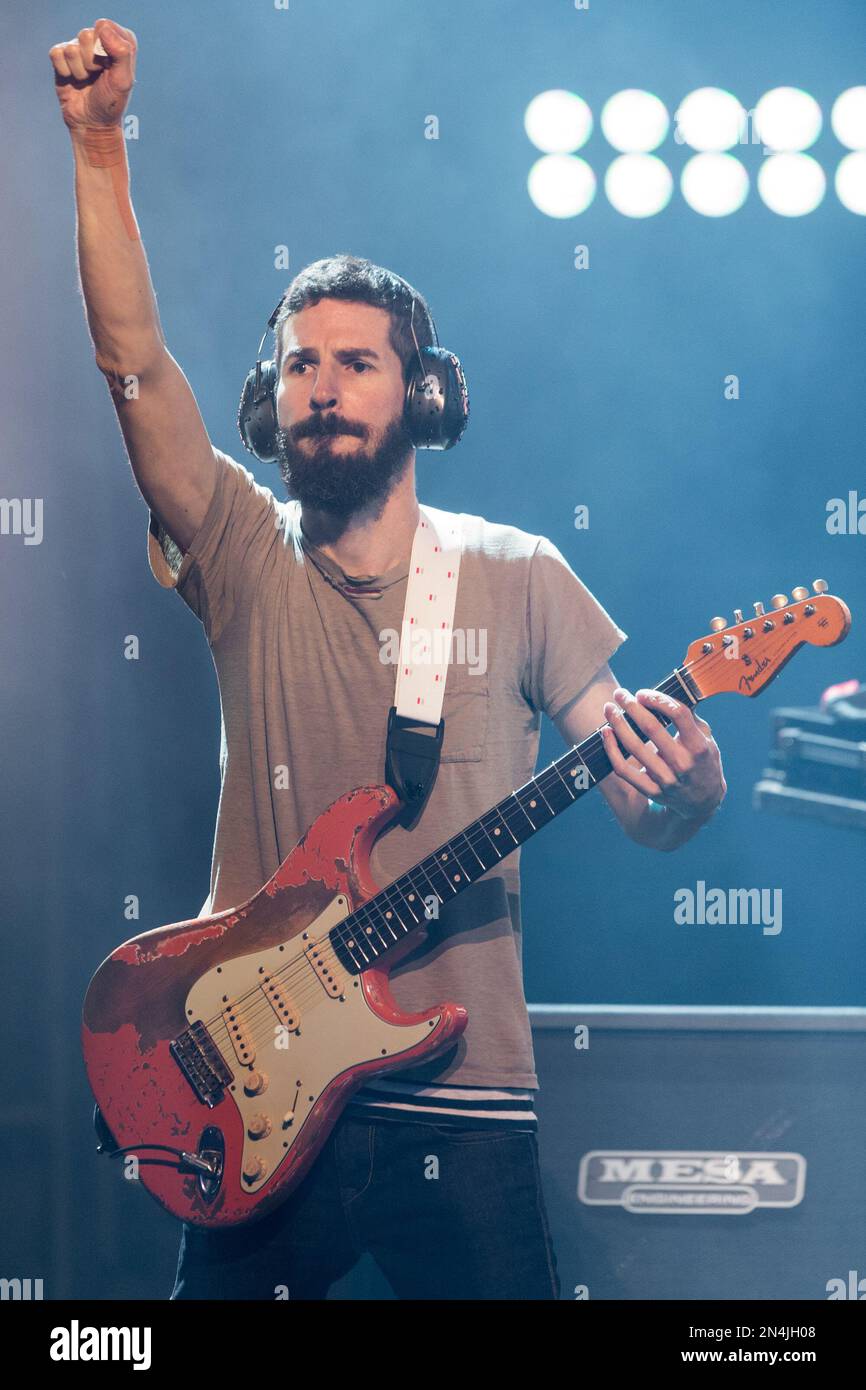 Brad Delson of Linkin Park performs on stage during the iHeartRadio Live Series at the iHeartRadion Theater on Wednesday, June 18, 2014, in Burbank, Calif. (Photo by Paul A. Hebert/Invision/AP) Stock Photo