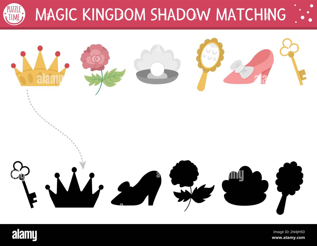 Fairytale shadow matching activity with crown, mirror, shoe. Magic kingdom puzzle with traditional symbols. Find correct silhouette printable workshee Stock Vector