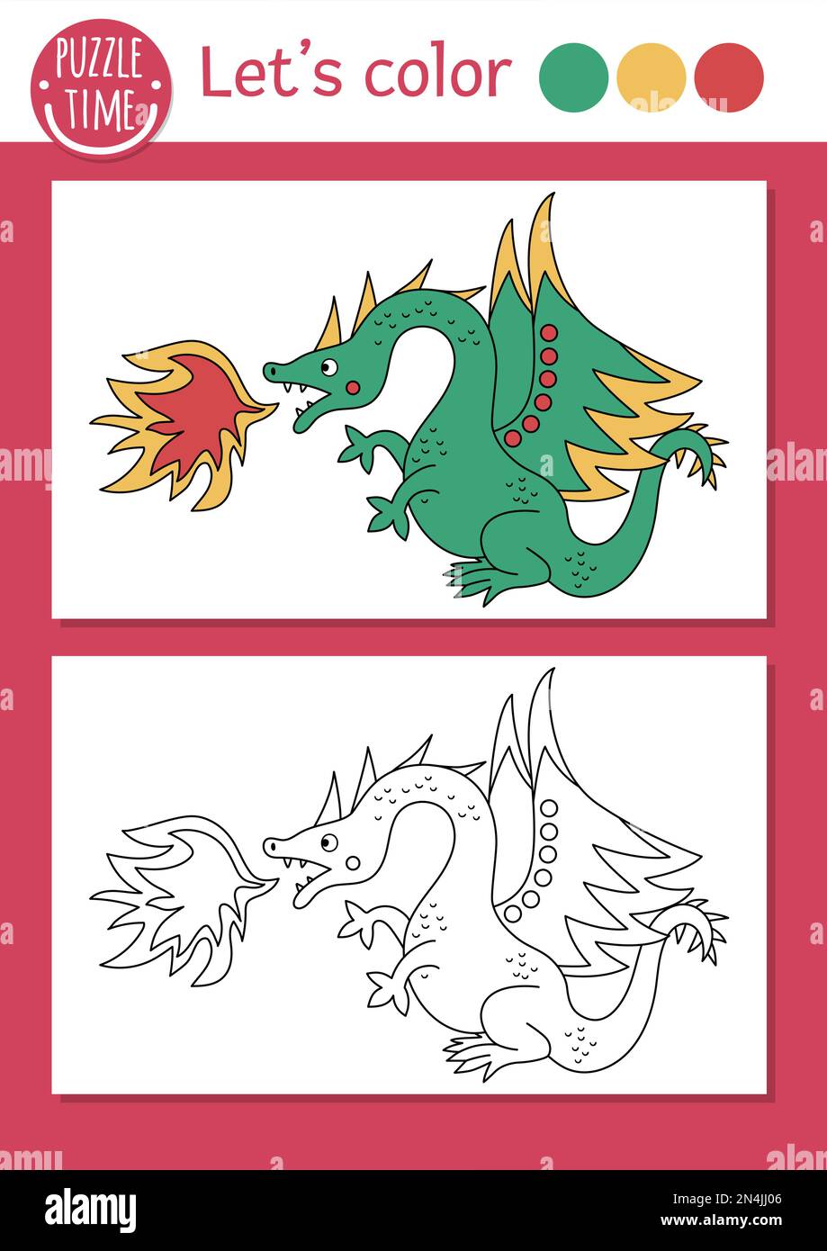 Magic kingdom coloring page for children with dragon, fire. Vector fairytale outline illustration with cute fantasy creature. Color book for kids with Stock Vector