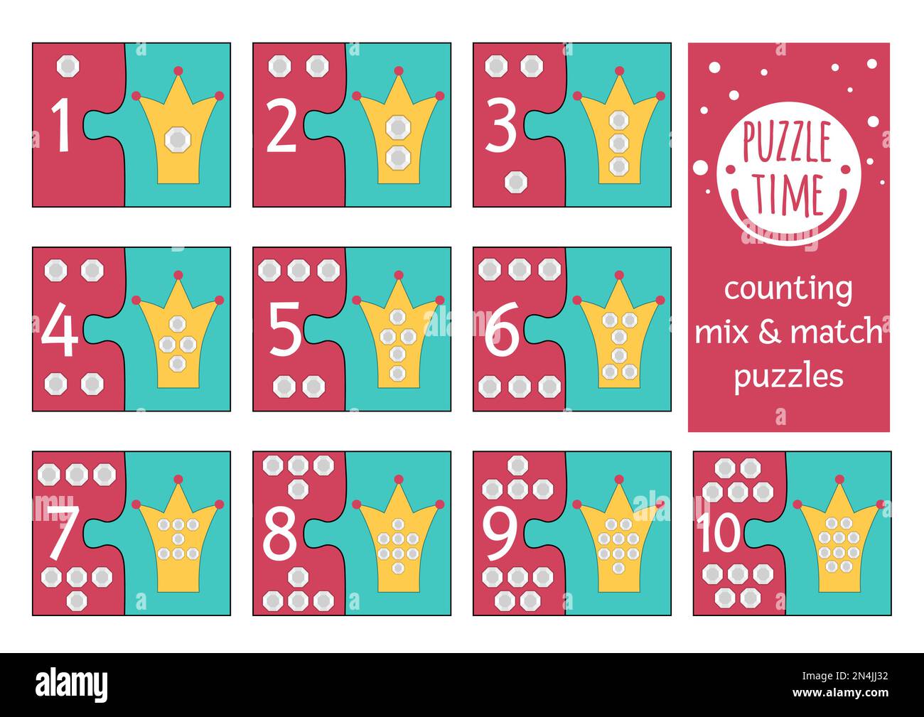Vector fairytale mix and match puzzle with crowns and gems. Matching