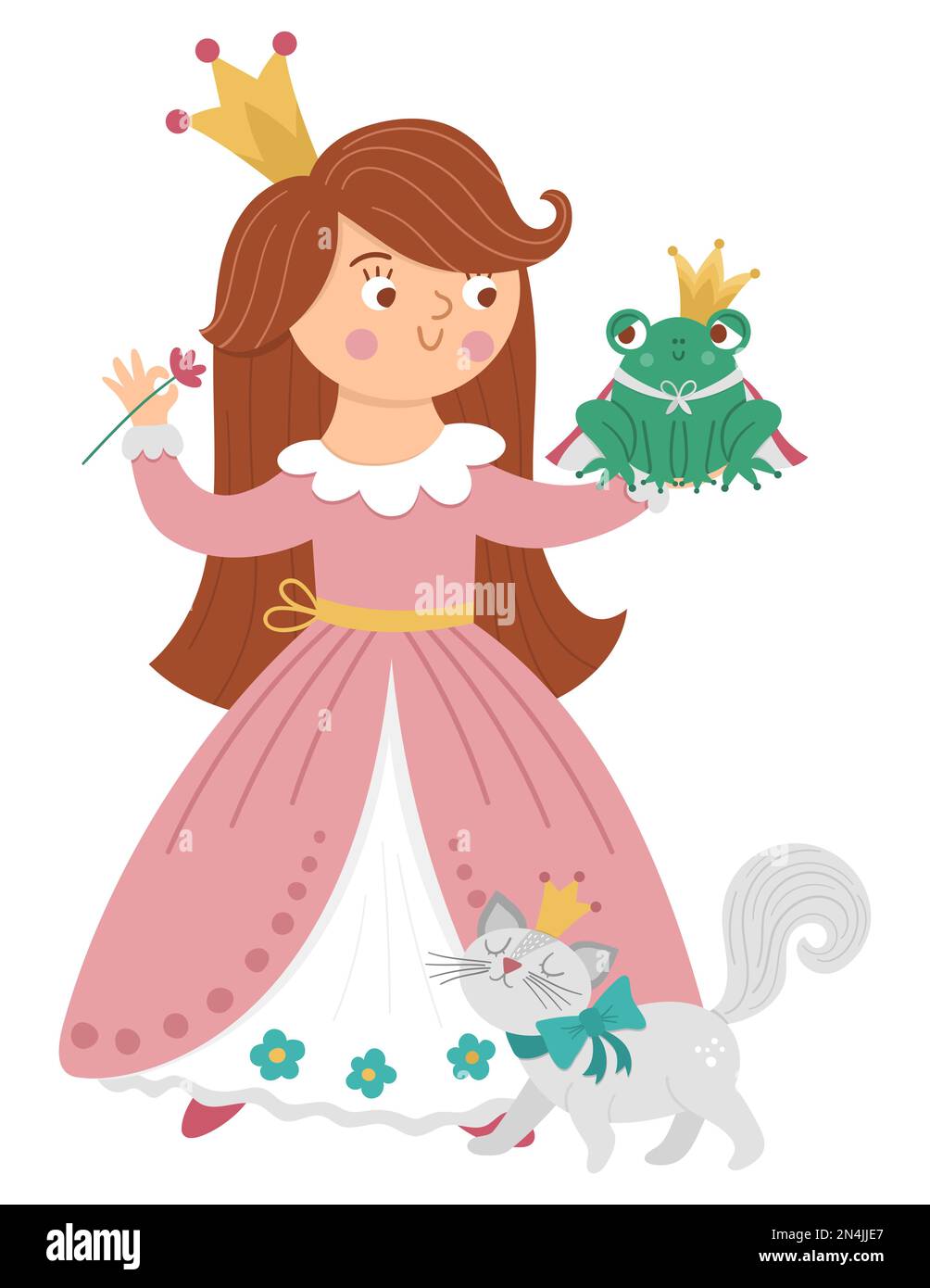 Fairy tale vector princess with frog prince and cat. Fantasy girl in crown isolated on white background. Medieval fairytale maid in pink dress. Girlis Stock Vector