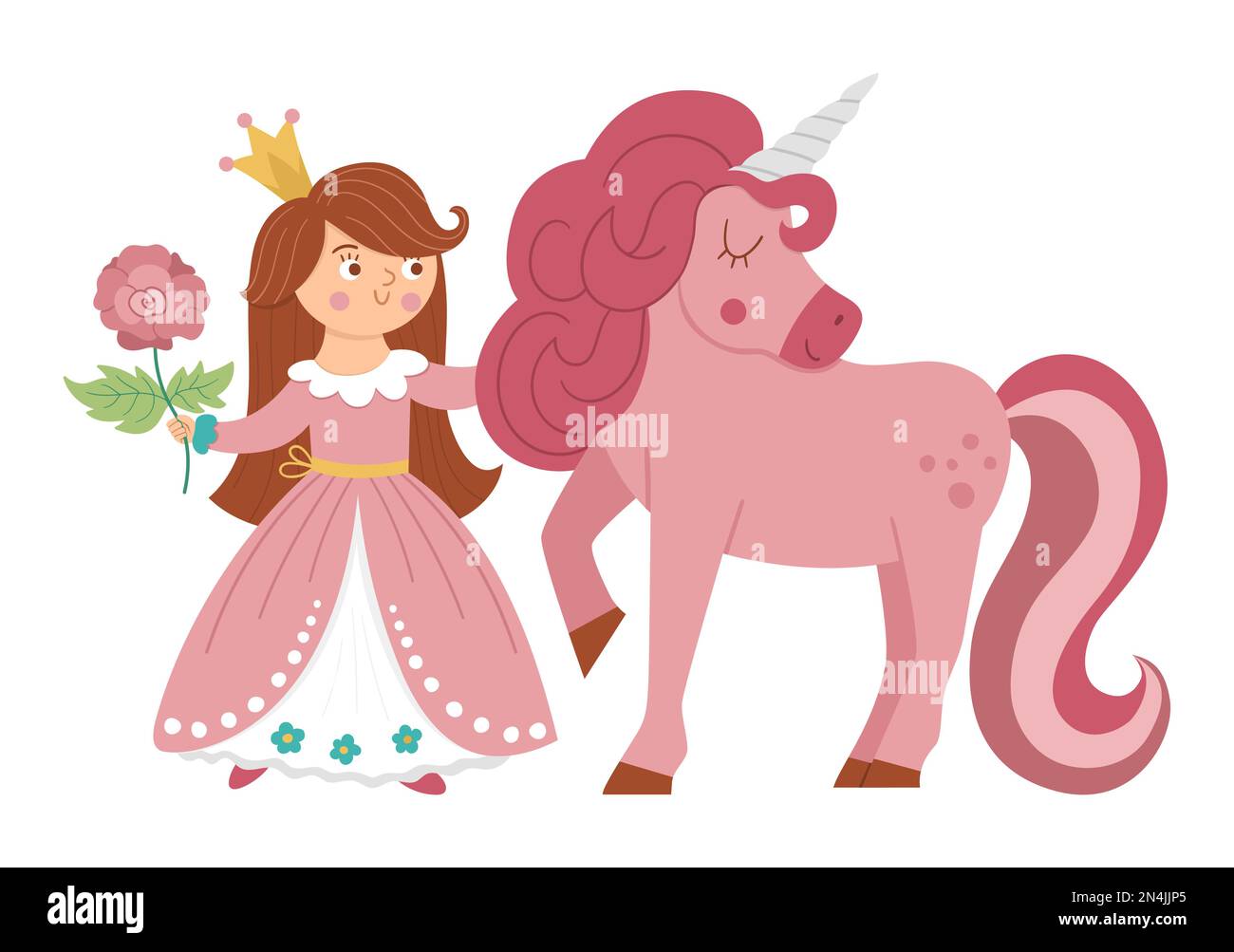 Fairy tale vector princess with unicorn and rose. Fantasy girl in crown isolated on white background. Medieval fairytale maid in pink dress. Girlish c Stock Vector