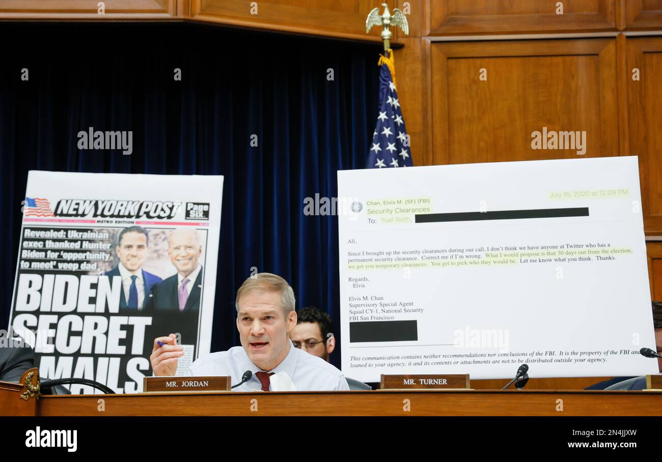 Washington, DC, United States. 08th Feb, 2023. Rep. Jim Jordon (R-OH) questions former Twitter employess against a back drop of an enlargement of a New York Post cover and an email regarding security clearances during the Protecting Speech from Government Interference and Social Media Bias Part 1: Twitters Role in Suppressing the Biden Laptop Story at the Rayburn House Office Building on Capitol Hill February 8, 2023 in Washington, DC. Photo by Jemal Countess/UPI Credit: UPI/Alamy Live News Stock Photo