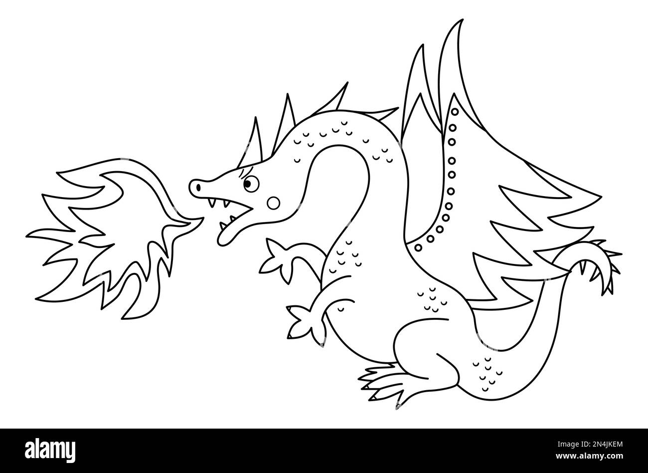 Fairy tale black and white dragon breathing out fire isolated on white background. Vector line fantasy animal. Medieval fairytale character. Cartoon m Stock Vector