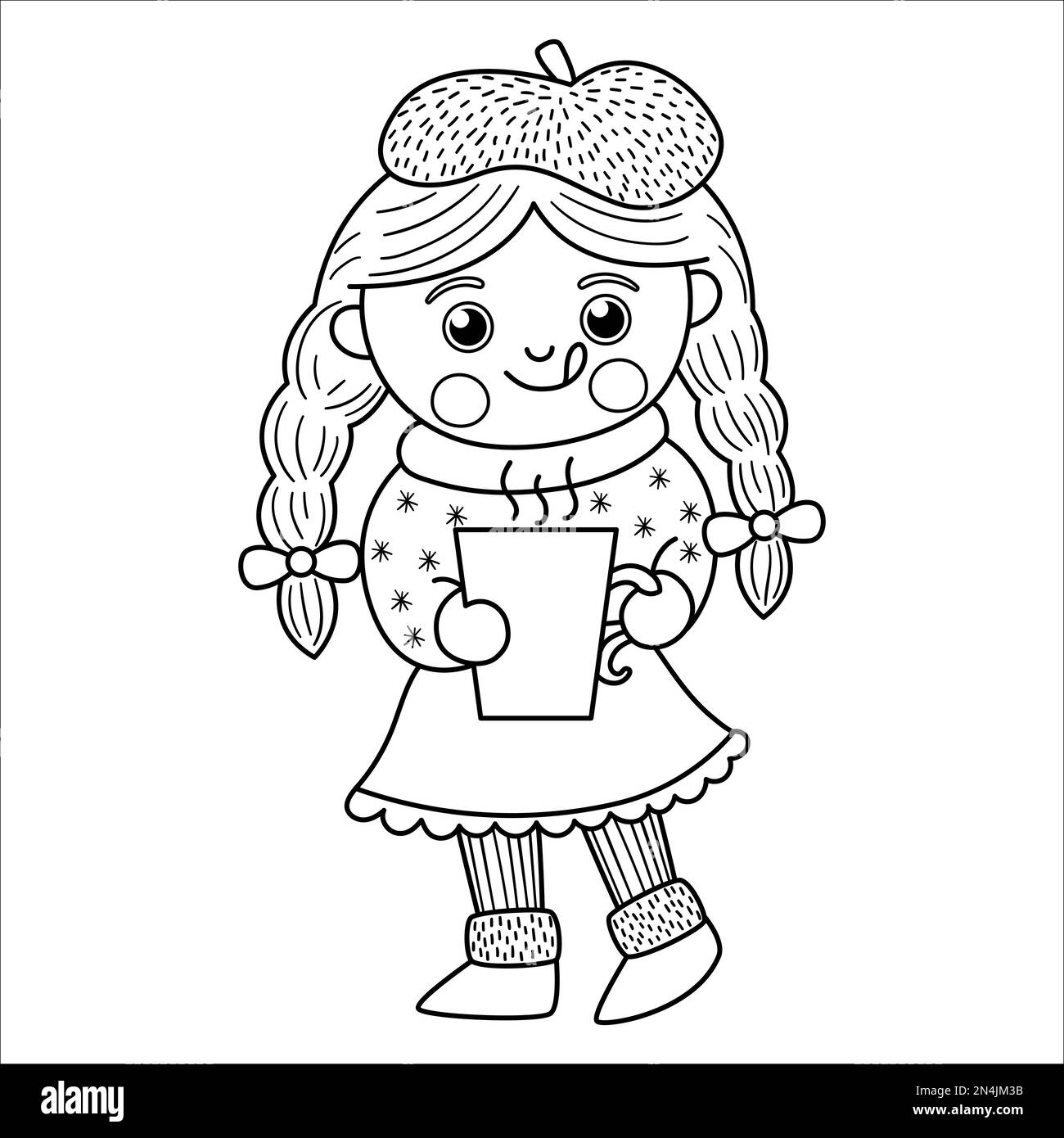 Vector black and white happy girl with long hair in plaits holding a