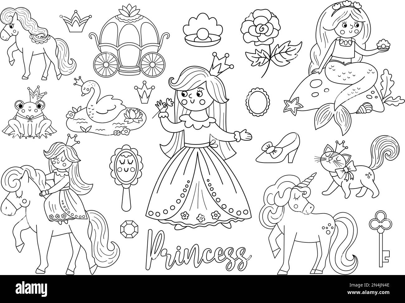 Fairy tale black and white princess collection. Big line vector set of fantasy girl, carriage, mermaid, unicorn frog prince, swan. Medieval fairytale Stock Vector