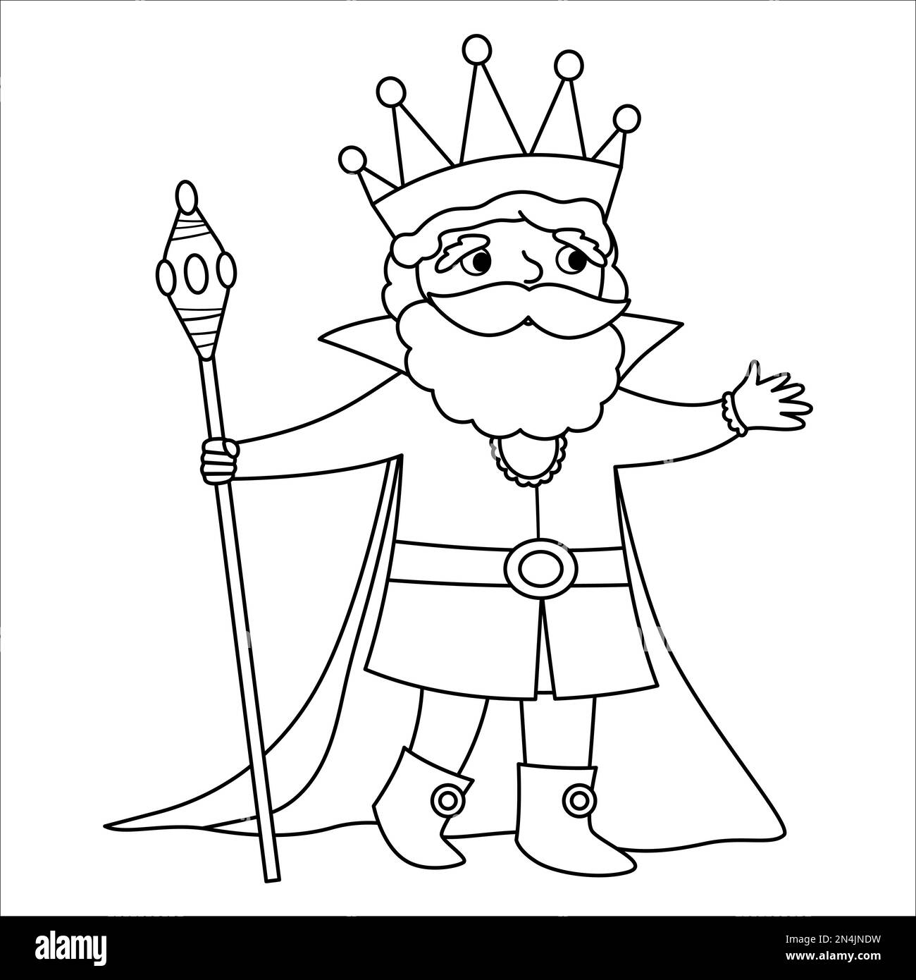 Fairy tale black and white king with scepter. Vector line fantasy monarch in crown and mantle. Medieval fairytale prince character. Cartoon magic sove Stock Vector