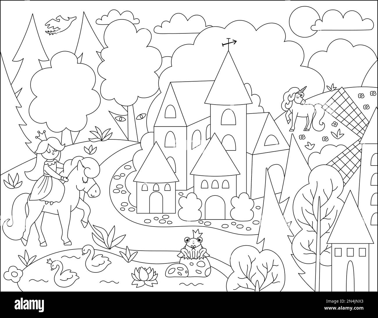Vector black and white Medieval village landscape with princess and unicorn. Magic kingdom coloring page. Stone and wooden line building surrounded by Stock Vector