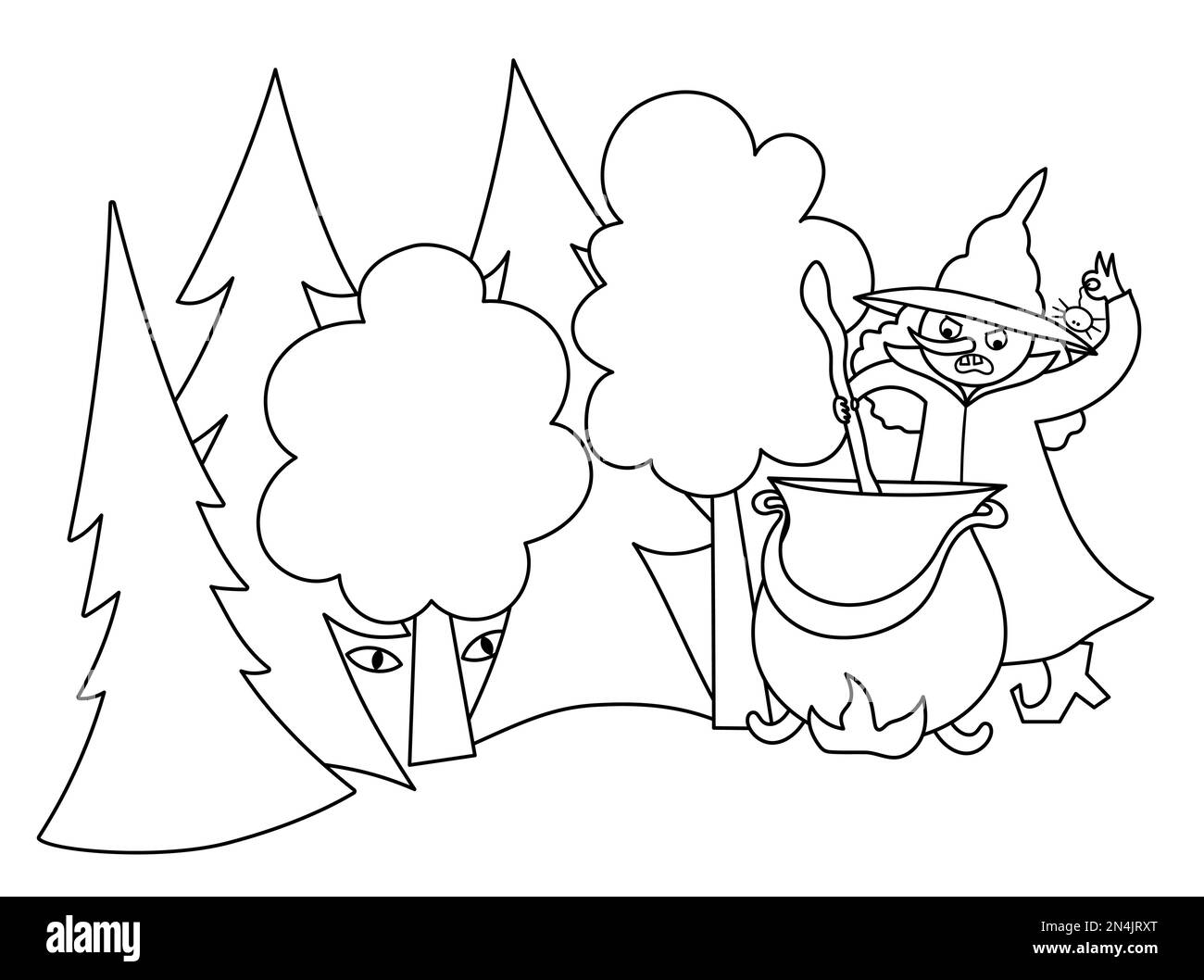 Fairy tale black and white vector magic forest illustration with witch, preparing potion in cauldron. Fairytale or Halloween fantasy line scene. Carto Stock Vector