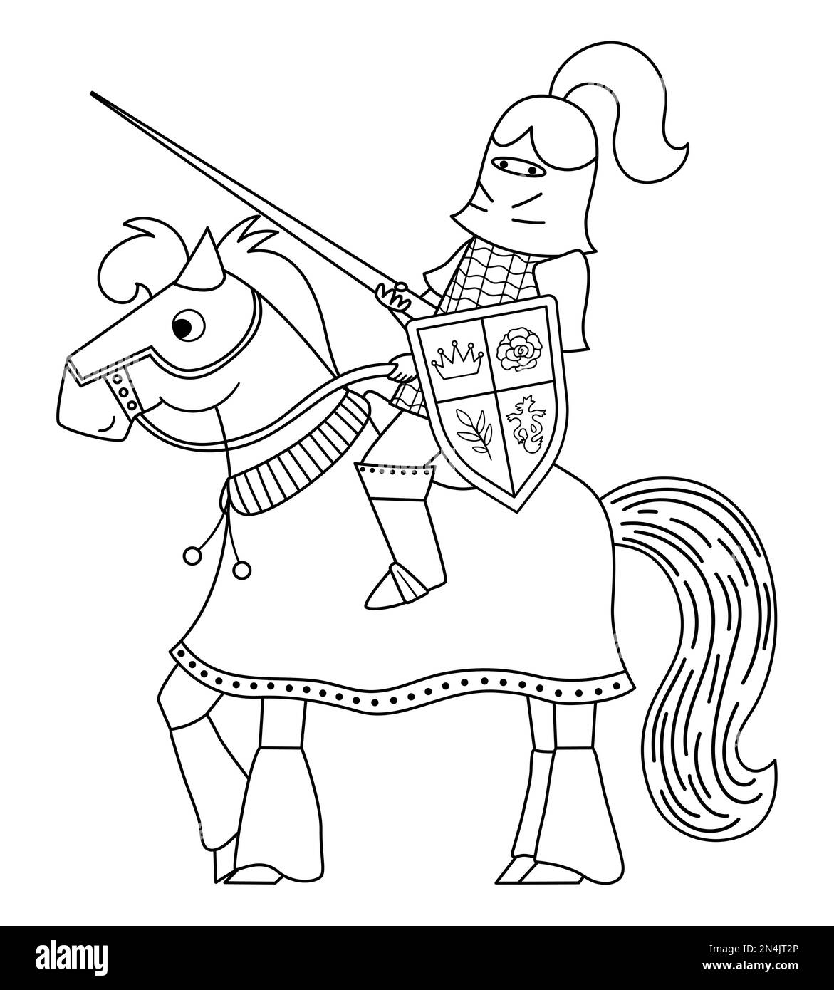 Fairy tale black and white knight on a horse. Fantasy line armored warrior coloring page. Fairytale soldier in helmet with sword, shield. Cartoon icon Stock Vector