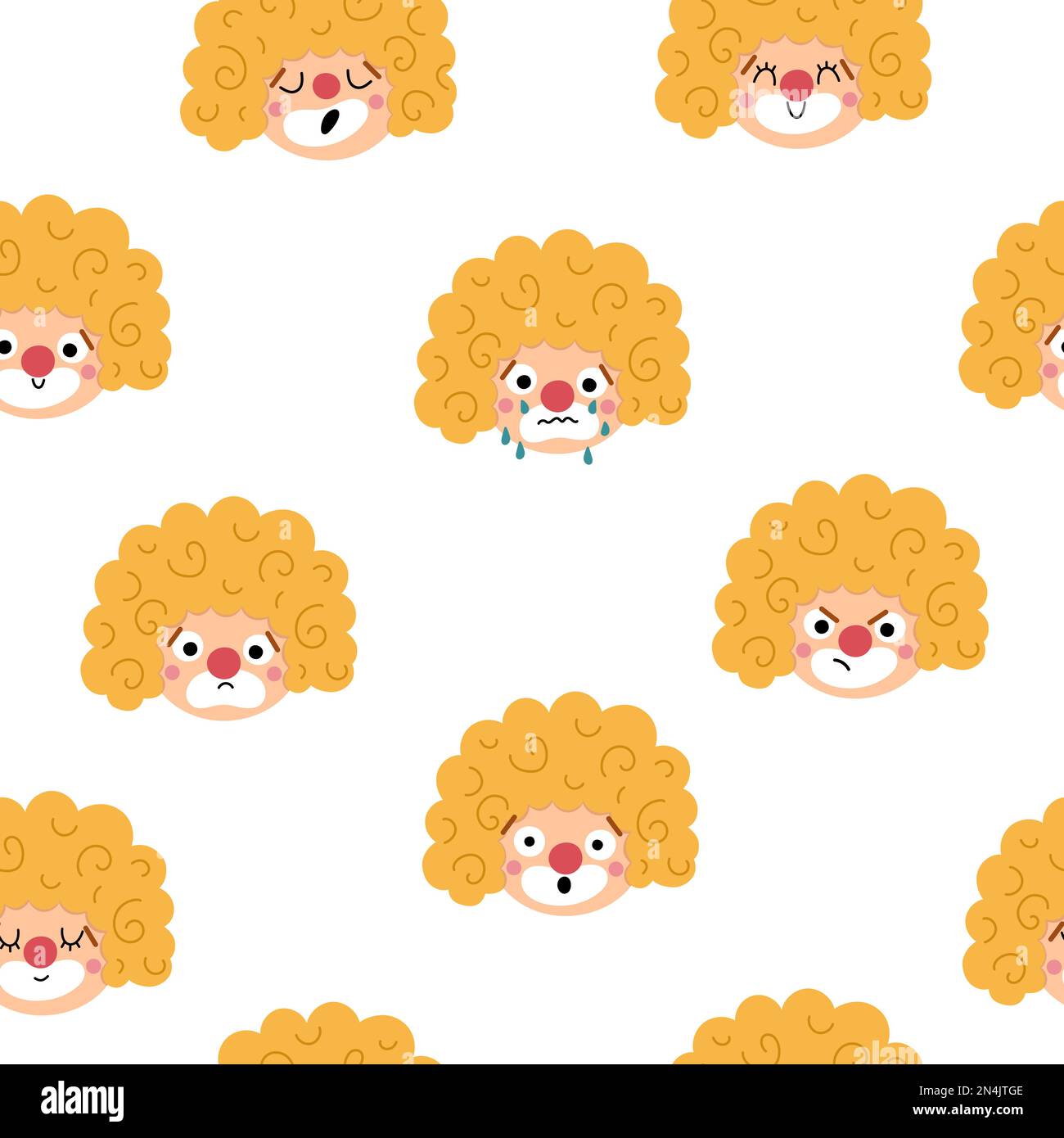 Vector seamless pattern with clown faces showing feelings and emotions. Circus artists repeat background. Amusement heads digital paper. Street show c Stock Vector