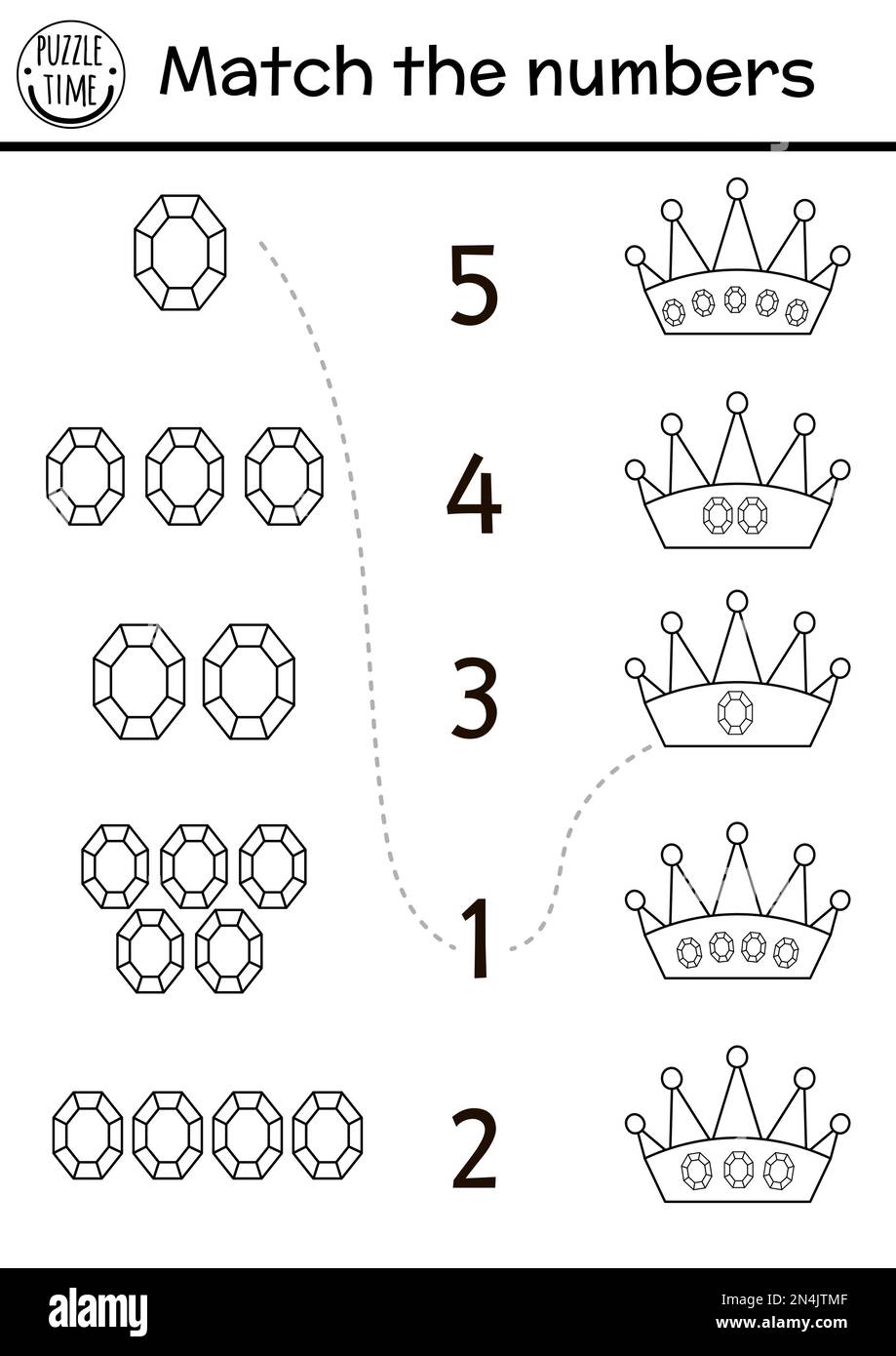 Match the numbers game with crown, gem stones. Black and white fairytale  math activity for preschool children. Magic kingdom educational printable  cou Stock Vector Image & Art - Alamy