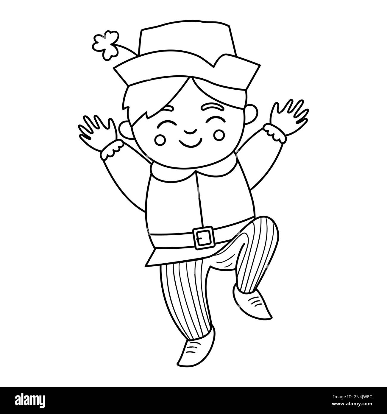 Vector black and white funny boy in traditional clothes and hat with shamrock. Cute outline Saint Patrick Day illustration. National Irish holiday lin Stock Vector