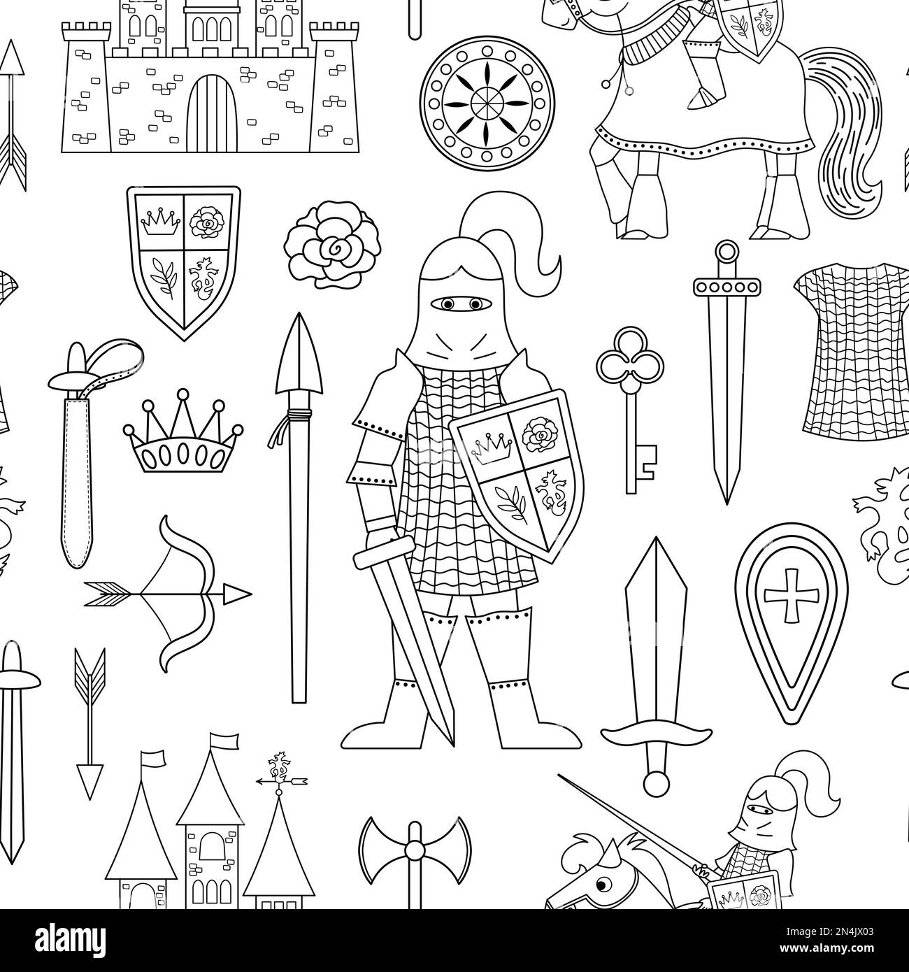 Fairy tale black and white knight armor seamless pattern. Repeat line background with fantasy armored warrior and castle. Fairytale soldier digital pa Stock Vector