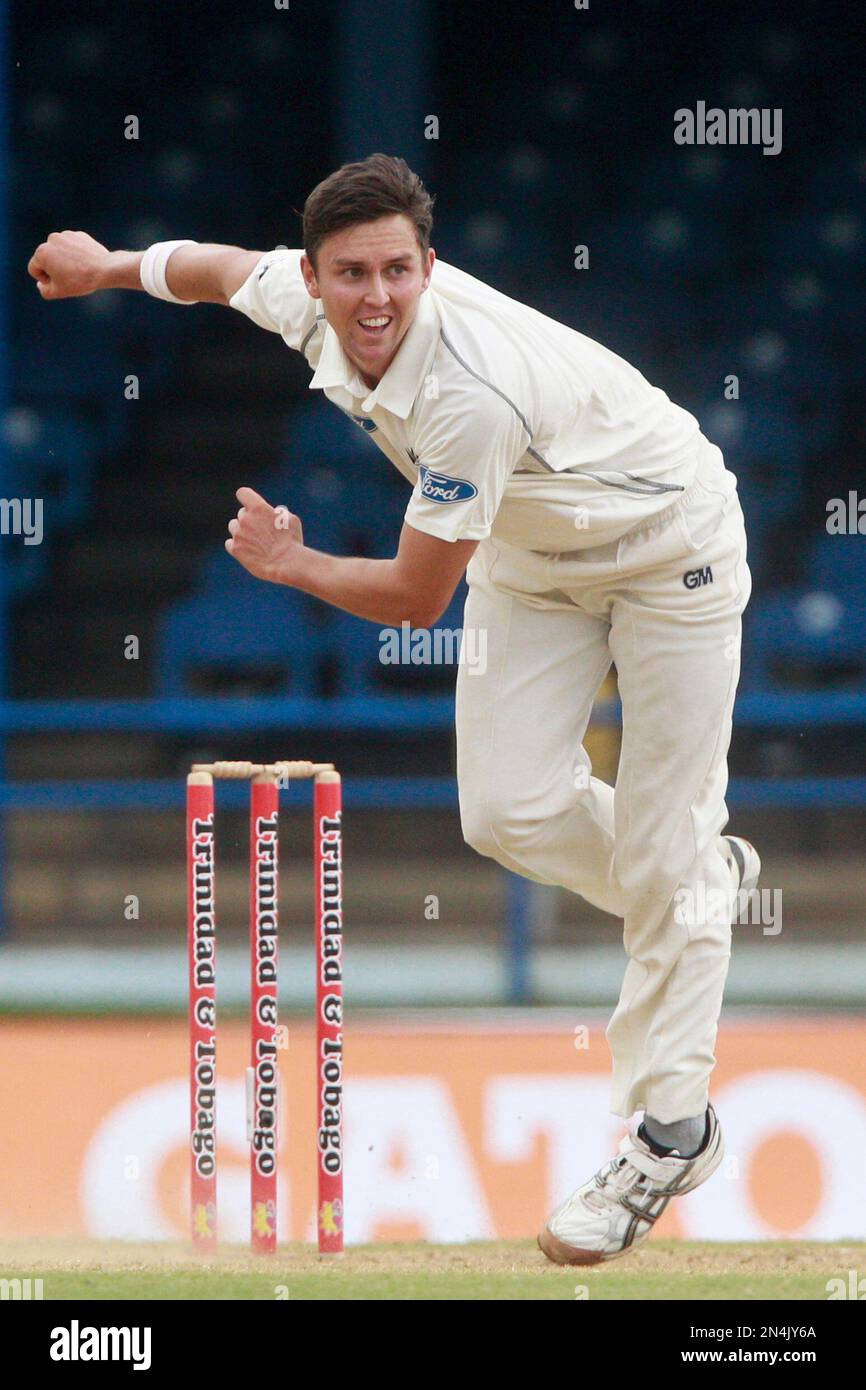 New Zealand's Trent Boult bowls during the second day of a second