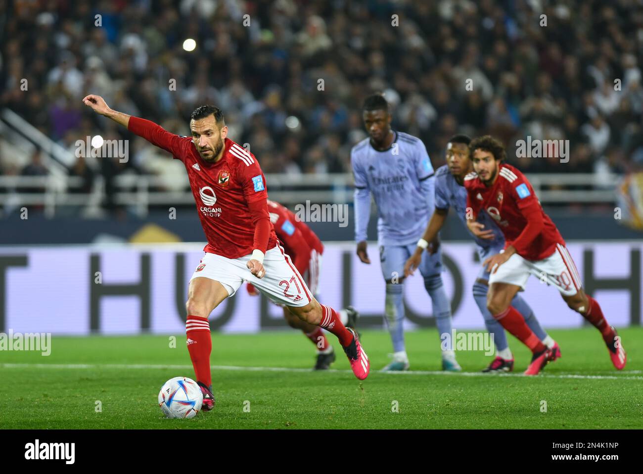 Rabat, Morocco. 08th Feb, 2023. Al Ahly's Ali Maaloul (L) scores his side's first goal of the game from a penalty during the FIFA Club World Cup semi-final soccer match between Al Ahly and Real Madrid at Prince Moulay Abdellah Stadium. Credit: -/dpa/Alamy Live News Stock Photo