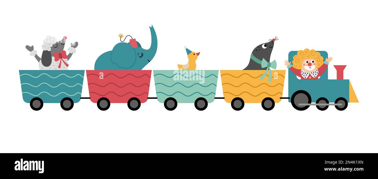 Vector train with circus animals and clown. Amusement holiday icon ...