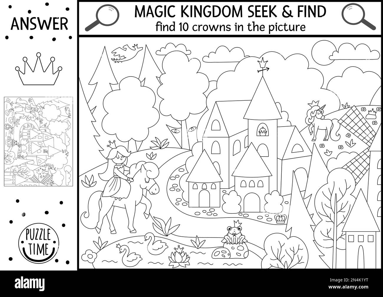 Vector fairytale searching game with medieval village landscape and princess. Spot hidden crowns in the picture. Simple fantasy seek and find magic ki Stock Vector