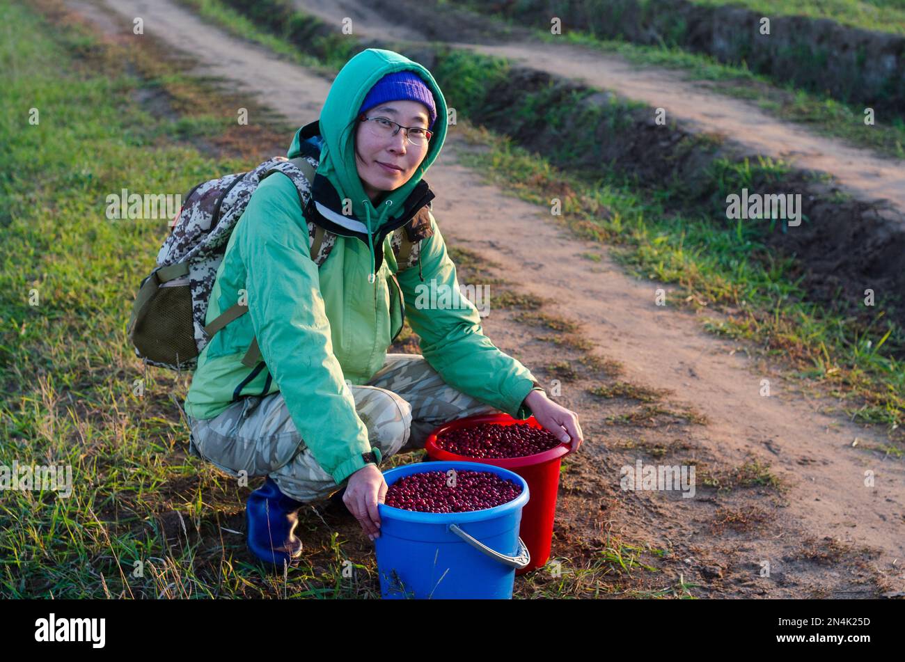 Yakut Asian tourist girl with backpack, glasses and cap with hood sits near the road with two buckets full of collected wild cranberries in the North. Stock Photo