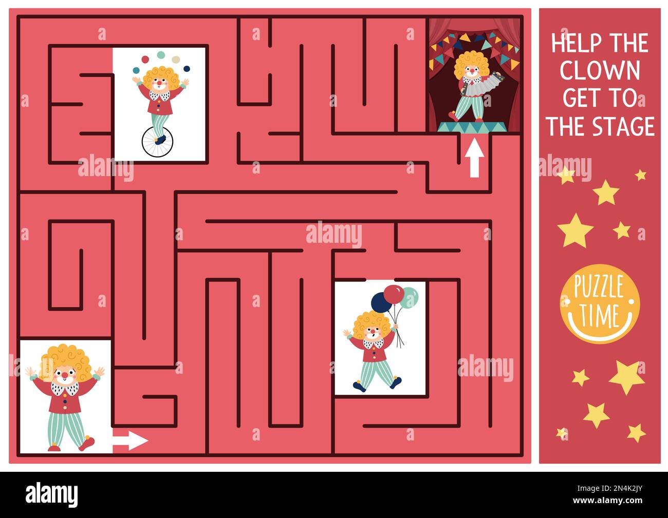 Circus maze for kids with clown going to the stage. Amusement show preschool printable activity with cute artist or performer. Entertainment festival Stock Vector