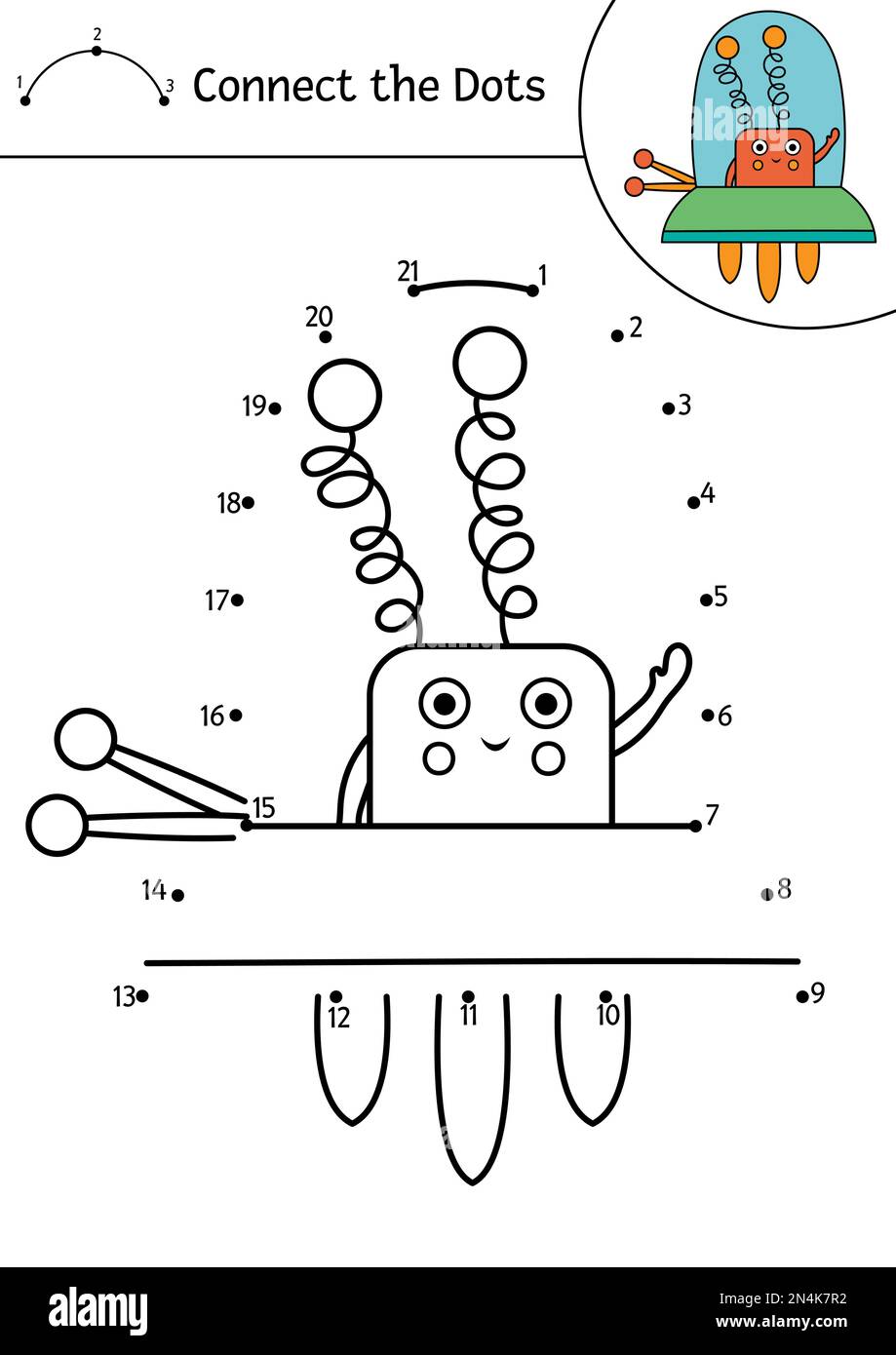 Vector space dot-to-dot and color activity with cute alien in spaceship. Astronomy connect the dots game for children. Funny math coloring page for ki Stock Vector