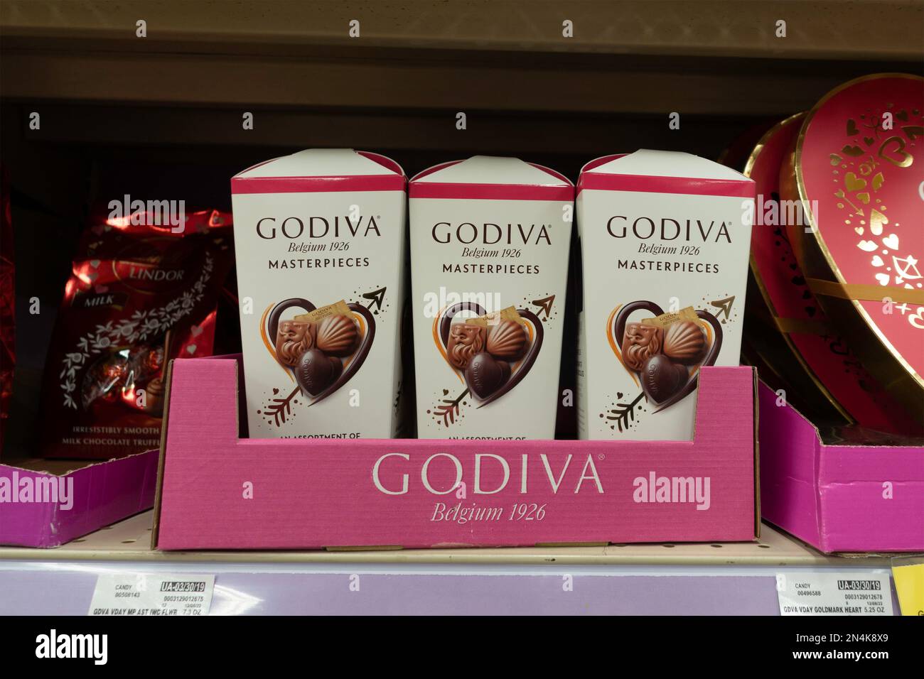 Store display of Godiva brand chocolates for Valentine's Day. USA. Stock Photo