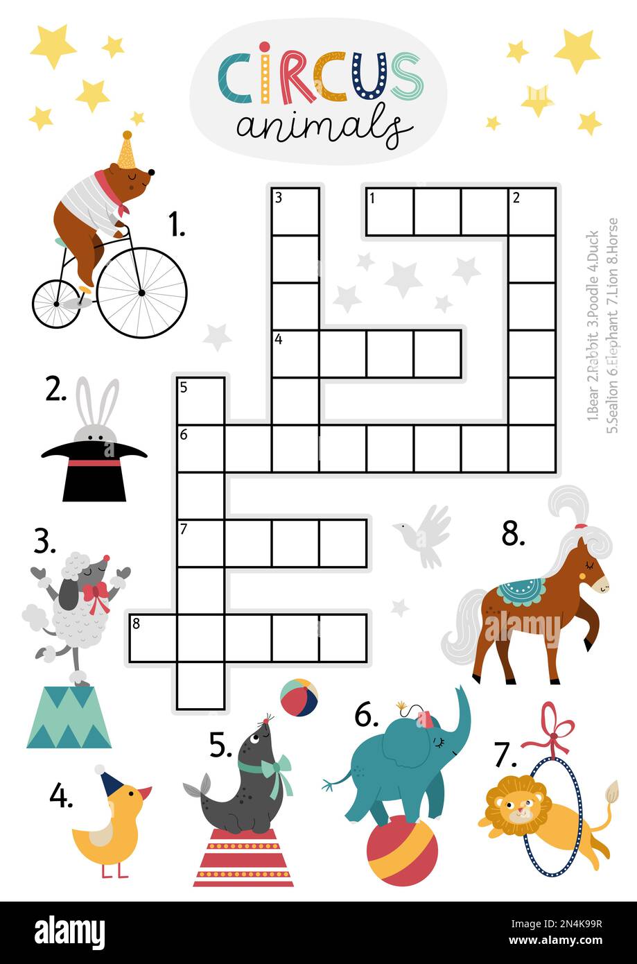 Vector circus crossword puzzle for kids. Simple amusement show quiz