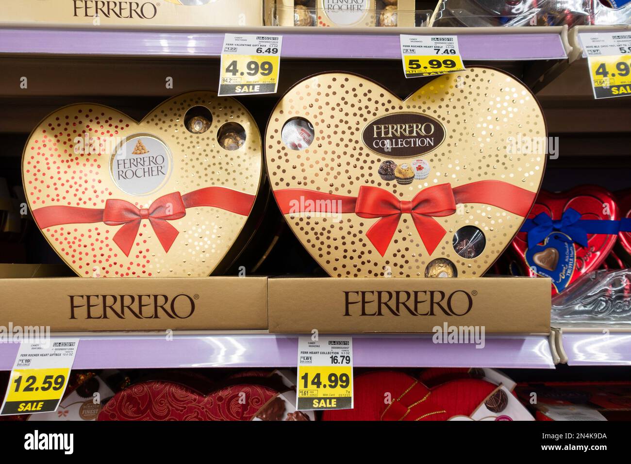 A store display of Ferrero brand heartshaped boxes of Valentine Candy
